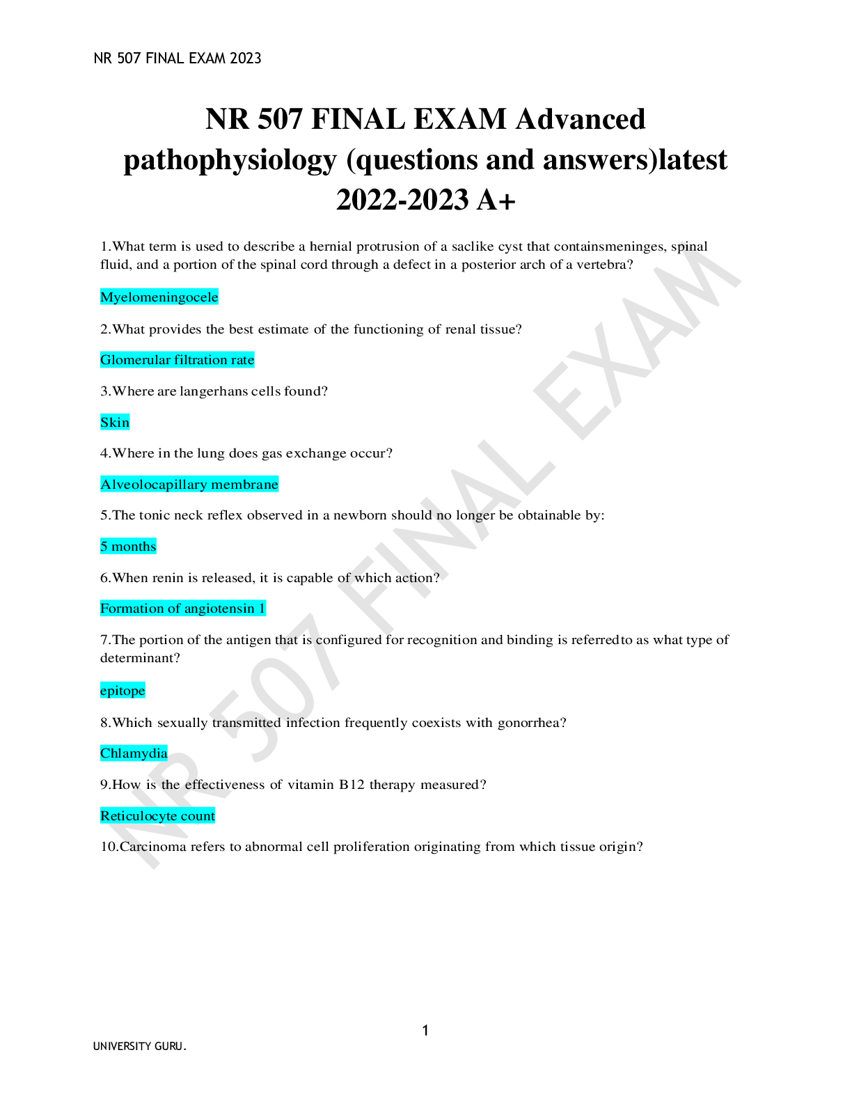 NR 507 FINAL EXAM Advanced Pathophysiology Questions And Answers