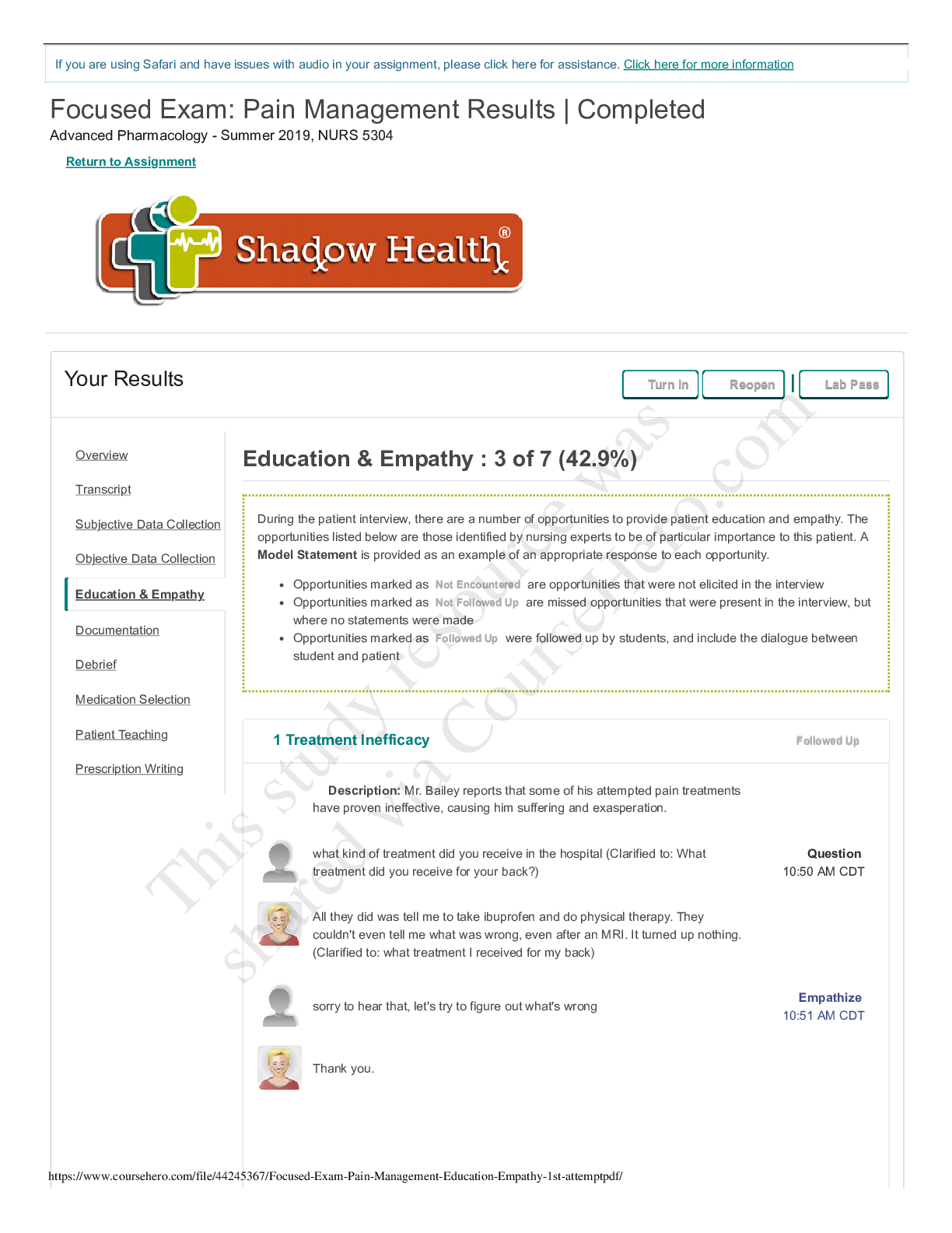 Preview of NURS 5304:Advanced Pharmacology-Focused Exam: Pain Management Results | Completed Shadow H