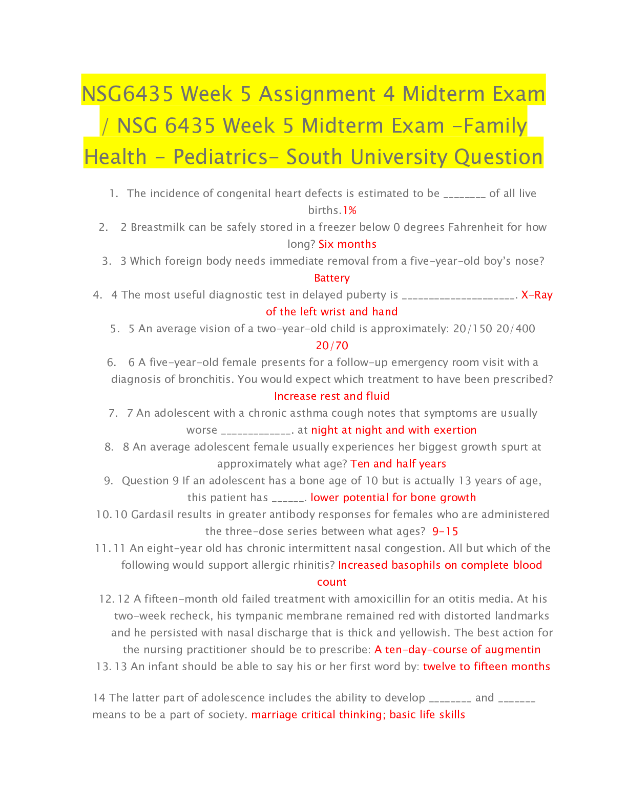 Preview of NSG6435/ NSG 6435 -Family Health Pediatrics- Week 5 Midterm Exam - South University. Quest