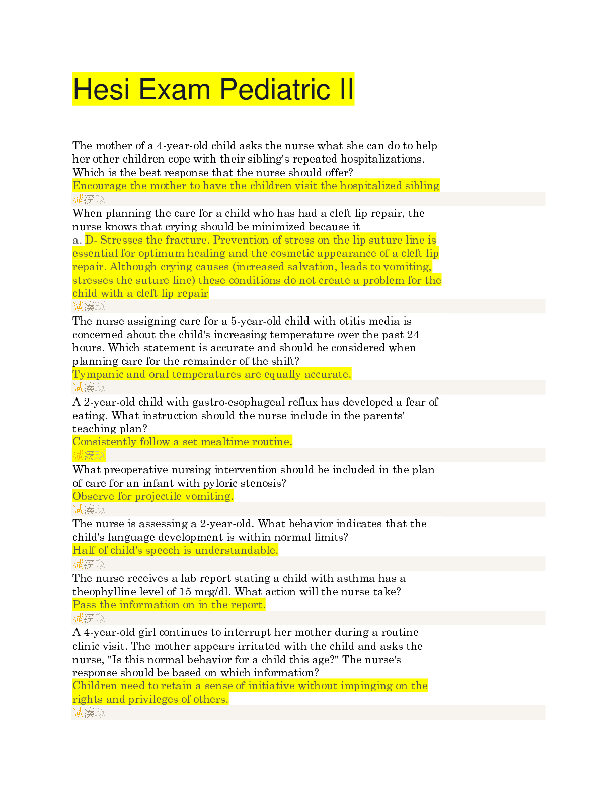 Preview of HESI EXAM PEDIATRIC II (Latest, 2020)/ 100% SATISFACTION GUARANTEED