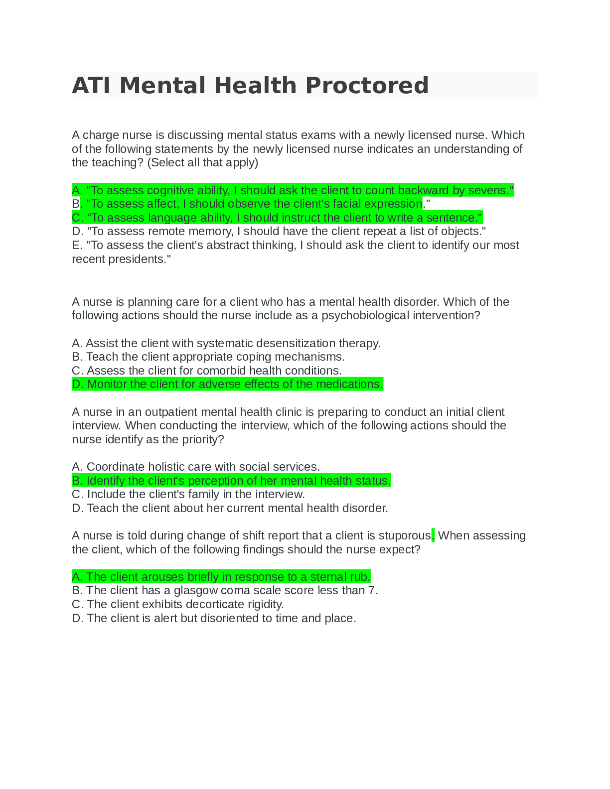 Preview of ATI MENTAL HEALTH PROCTORED EXAM (2 LATEST VERSIONS)