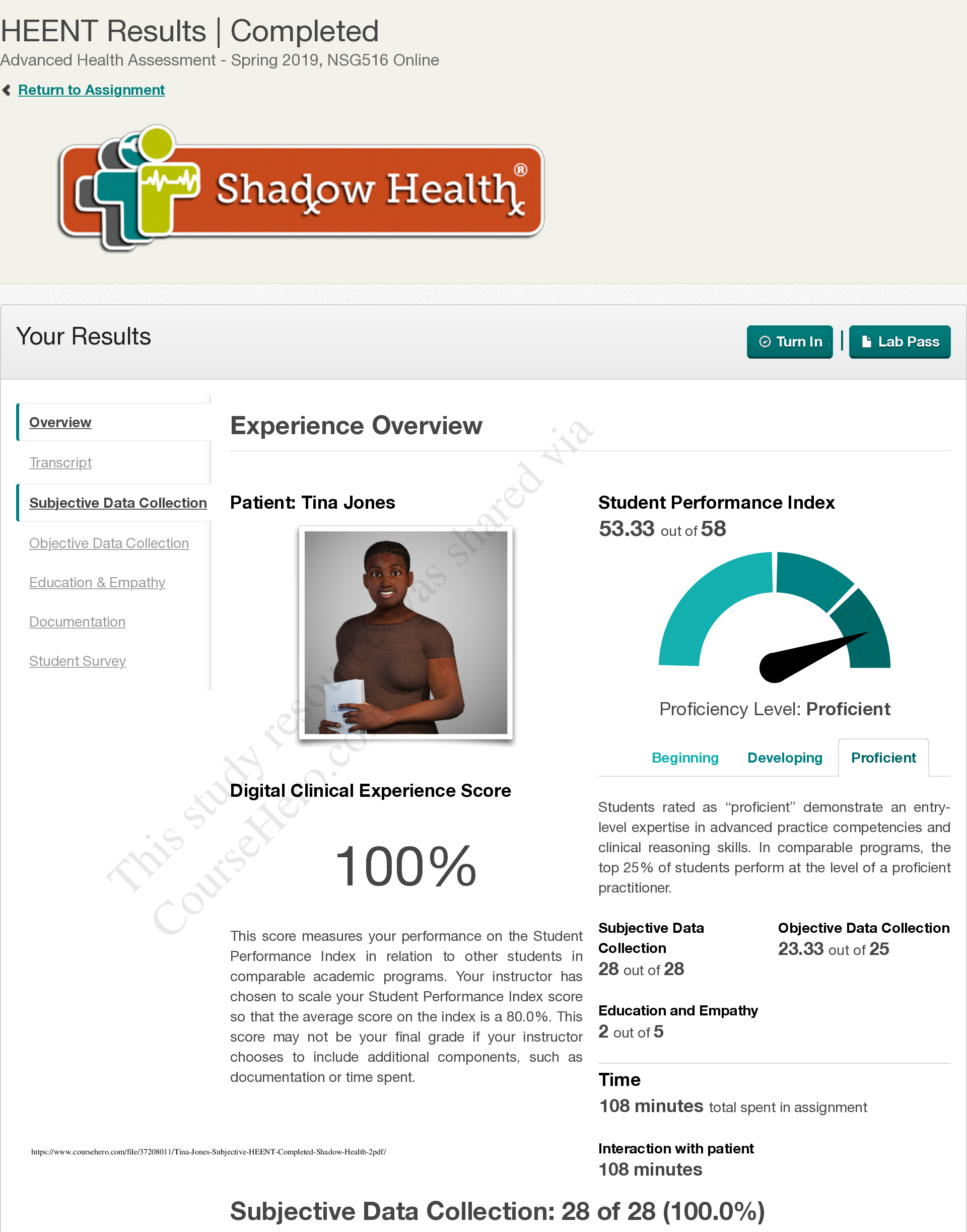 Preview of Tina Jones Subjective HEENT | Completed | Shadow Health 2
