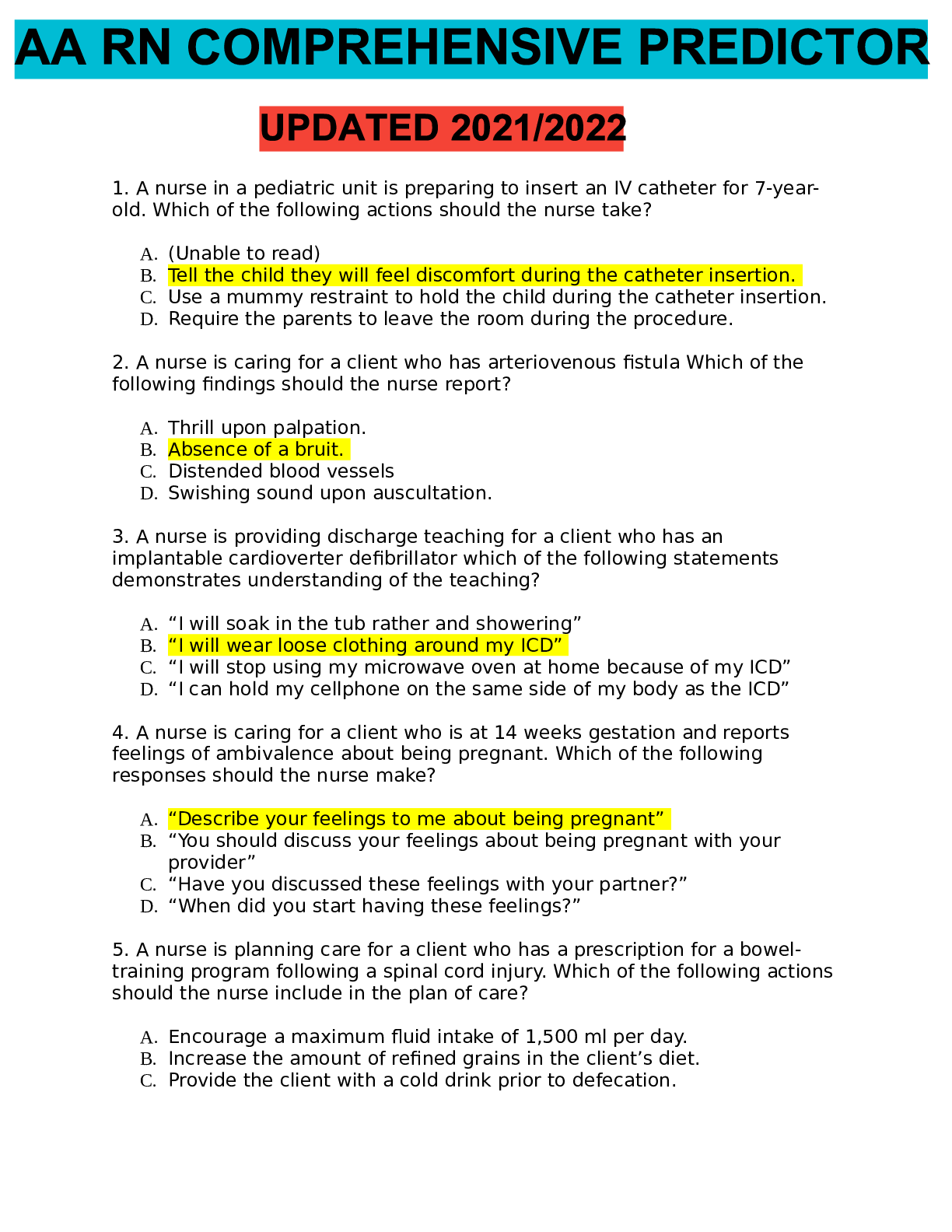 Preview of ATI RN Comprehensive Predictor  FORM A.  QUESTIONS (LATEST VERSION ) WITH ALL COMPLETE UPD