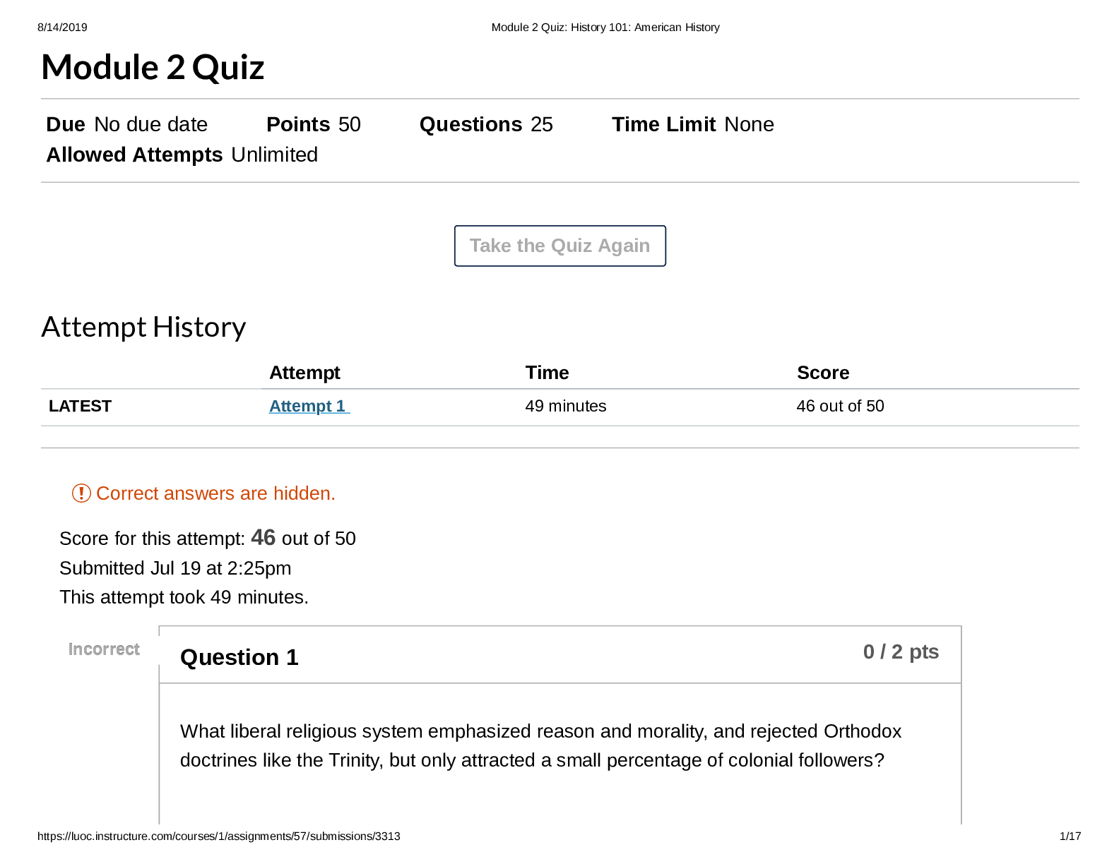 Preview of US HISTORY 101 Module 2 Quiz, Questions and Answers, all 100 % Correct