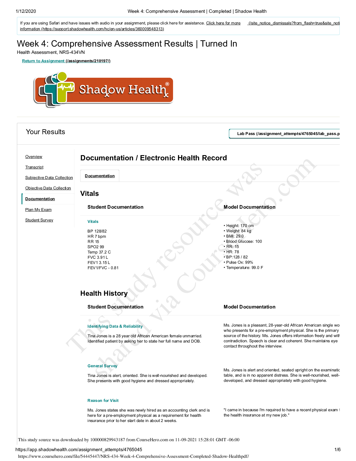 Preview of NRS 434 Week 4 Comprehensive Assessment .Completed  Shadow Health