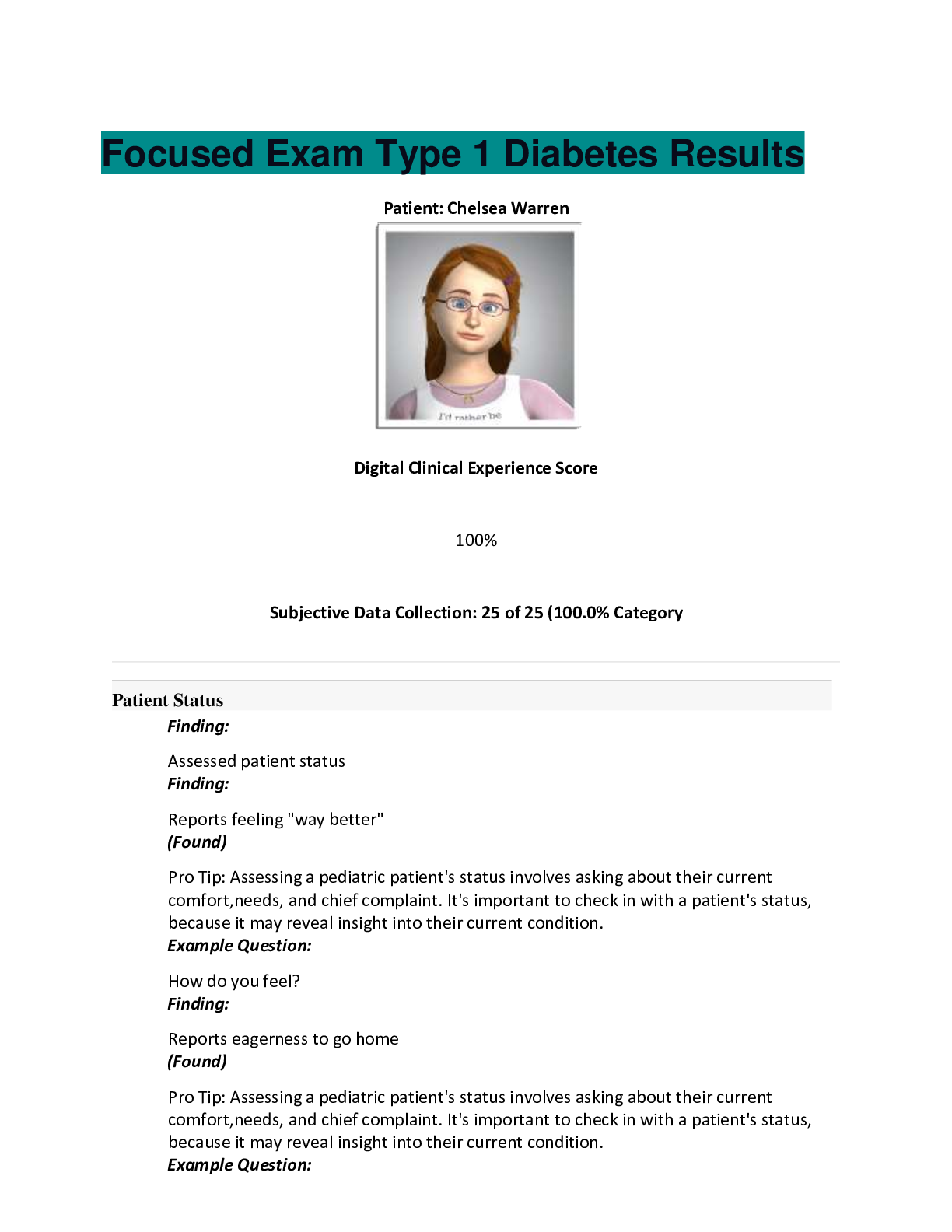 Preview image for Focused Exam Type 1 Diabetes Results: Focused Exam: Type 1 Diabetes Patient: Chelsea Warren