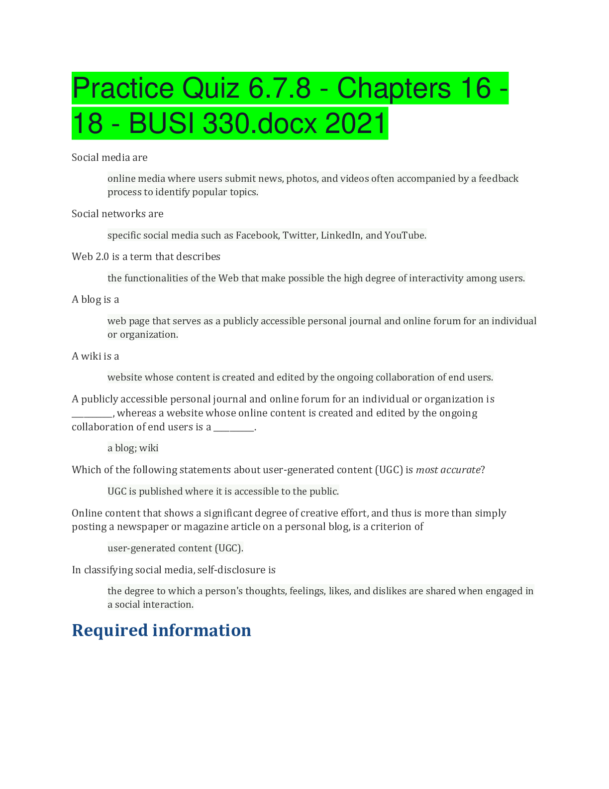 Preview of Practice Quiz 6.7.8 - Chapters 16 - 18 - BUSI 330.docx 2021