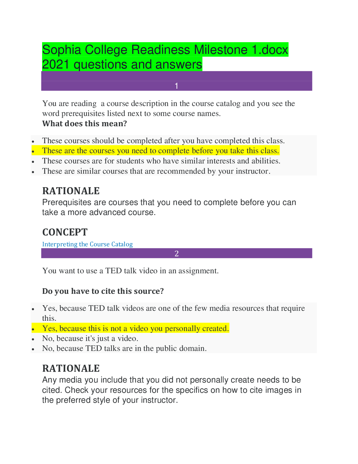 Preview of Sophia College Readiness Milestone 1.docx 2021 questions and answers