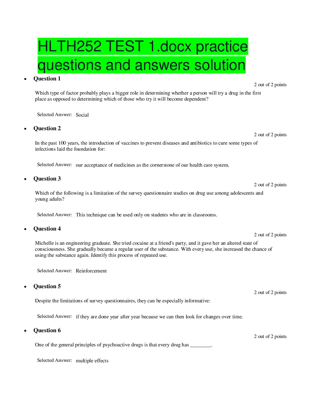 Preview of HLTH252 TEST 1.docx practice questions and answers solution