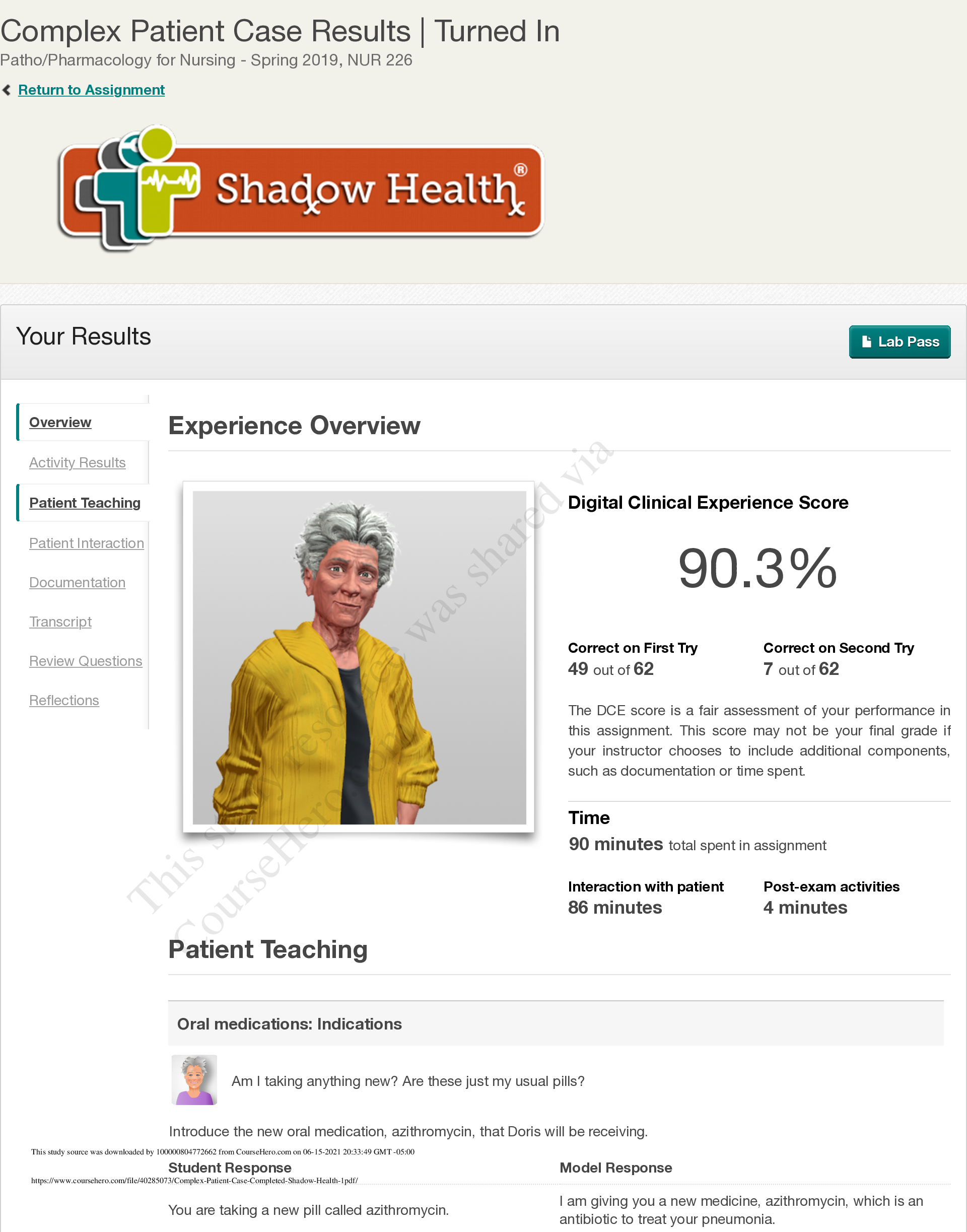 Preview of Complex Patient Case Completed Shadow Health