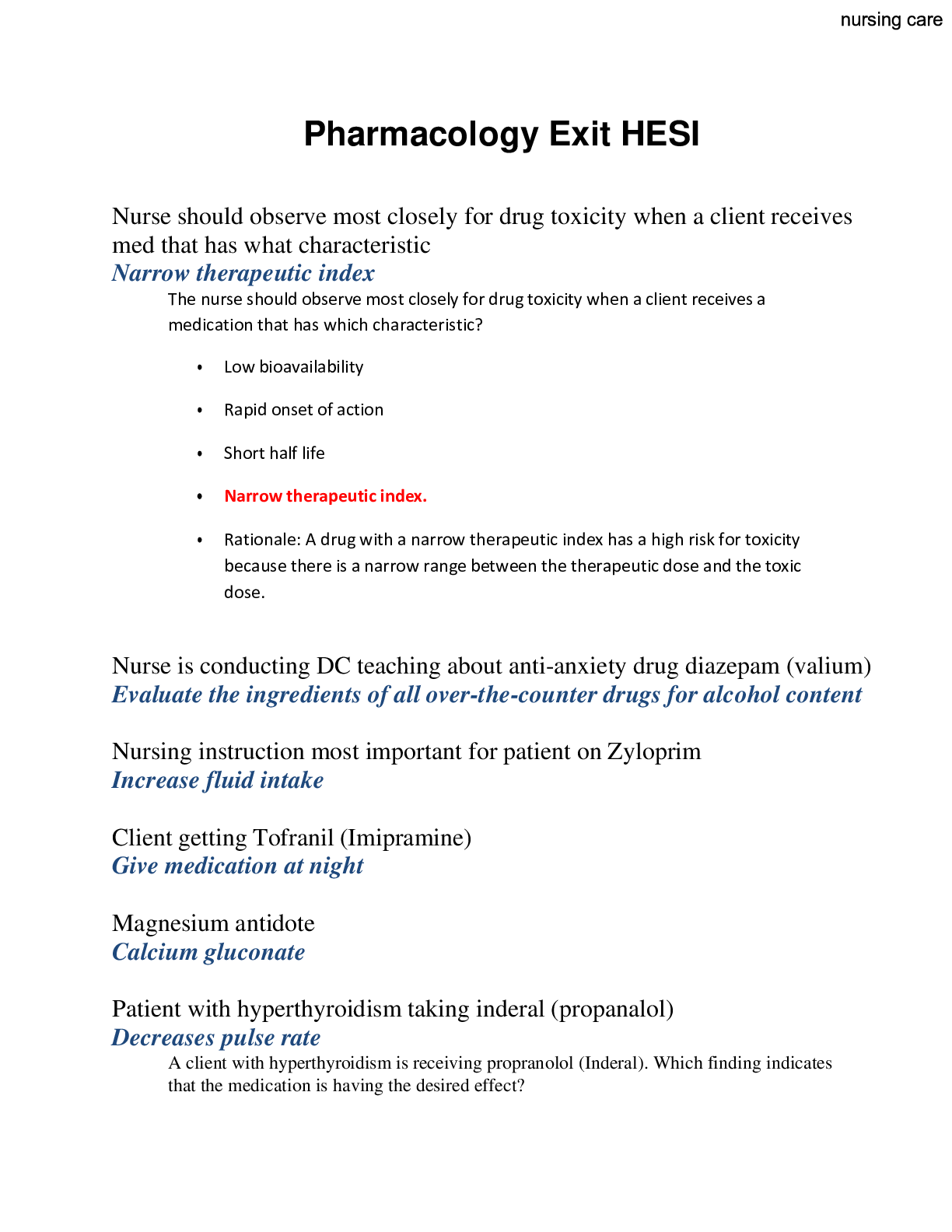 Preview of Pharmacology Exit HESI  QUESTIONS AND ANSWERS SOLUTION 2021