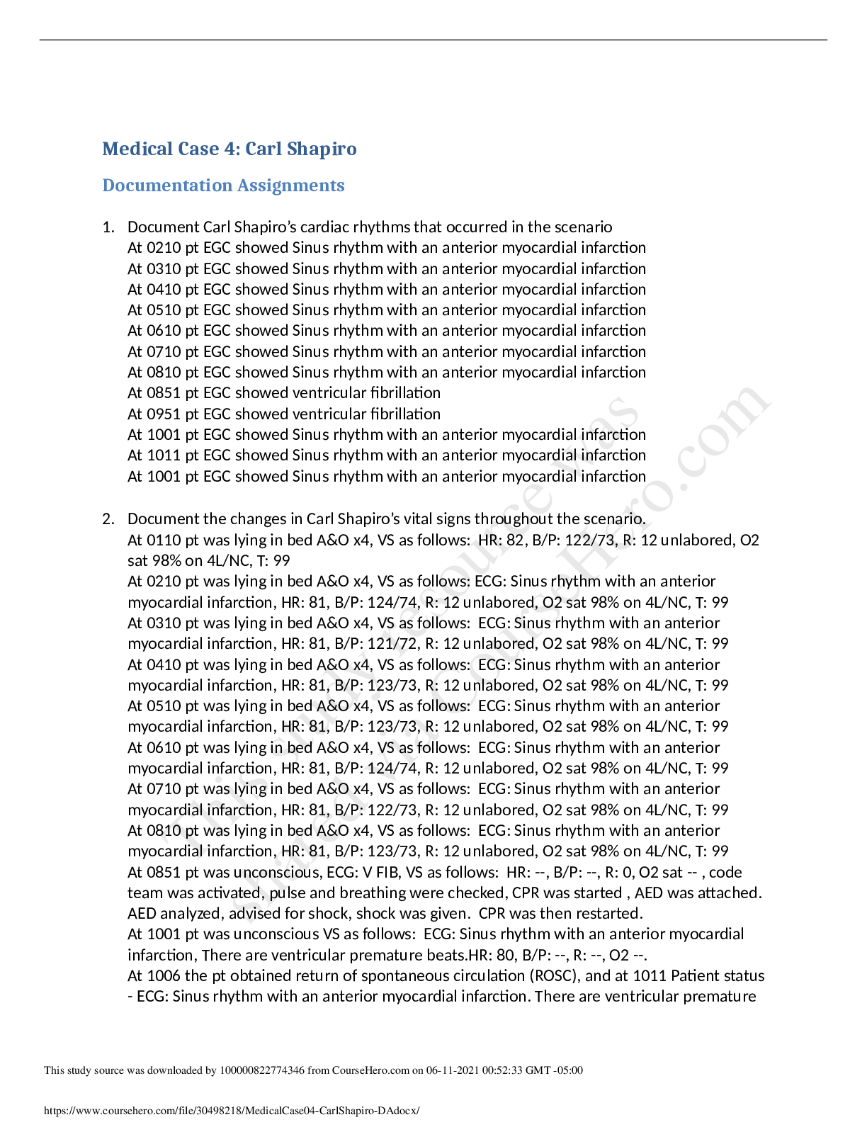 Preview image for Medical Case 4: Carl Shapiro Documentation Assignments / Medical Case 4: Carl Shapiro Guided Reflection Questions and Answers ( Latest complete Spring 2021)