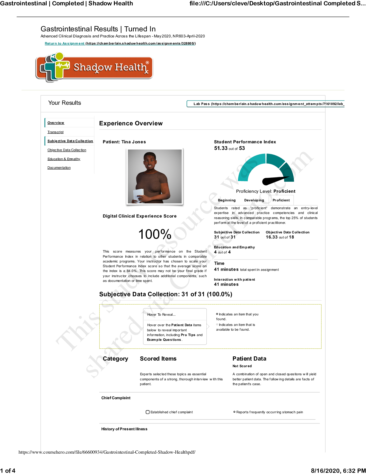 Preview of NR 603 Shadow Health Assignment; Gastrointestinal Results - Experience Overview