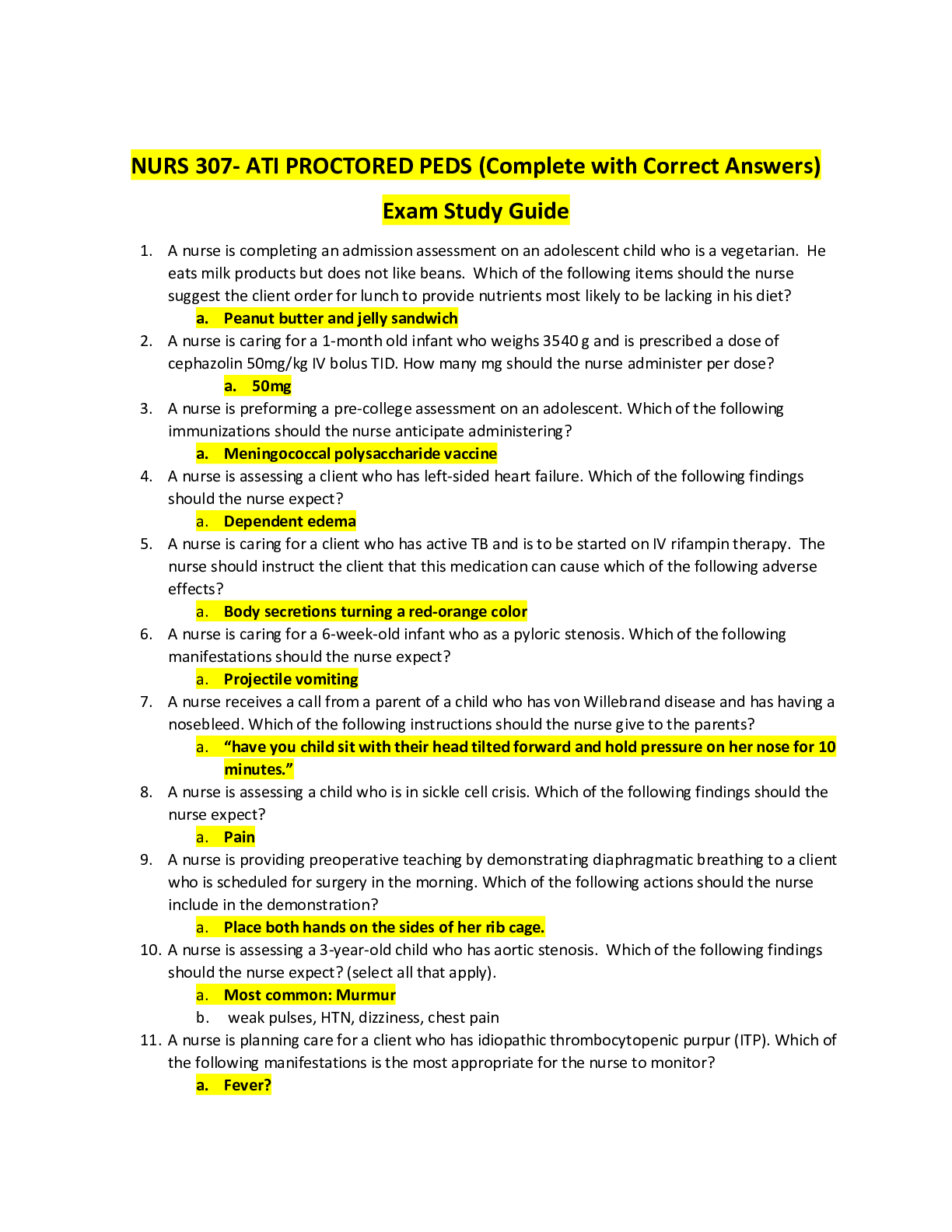 Preview image for NURS 307- ATI PROCTORED PEDS (Complete with Correct Answers) Exam Study Guide