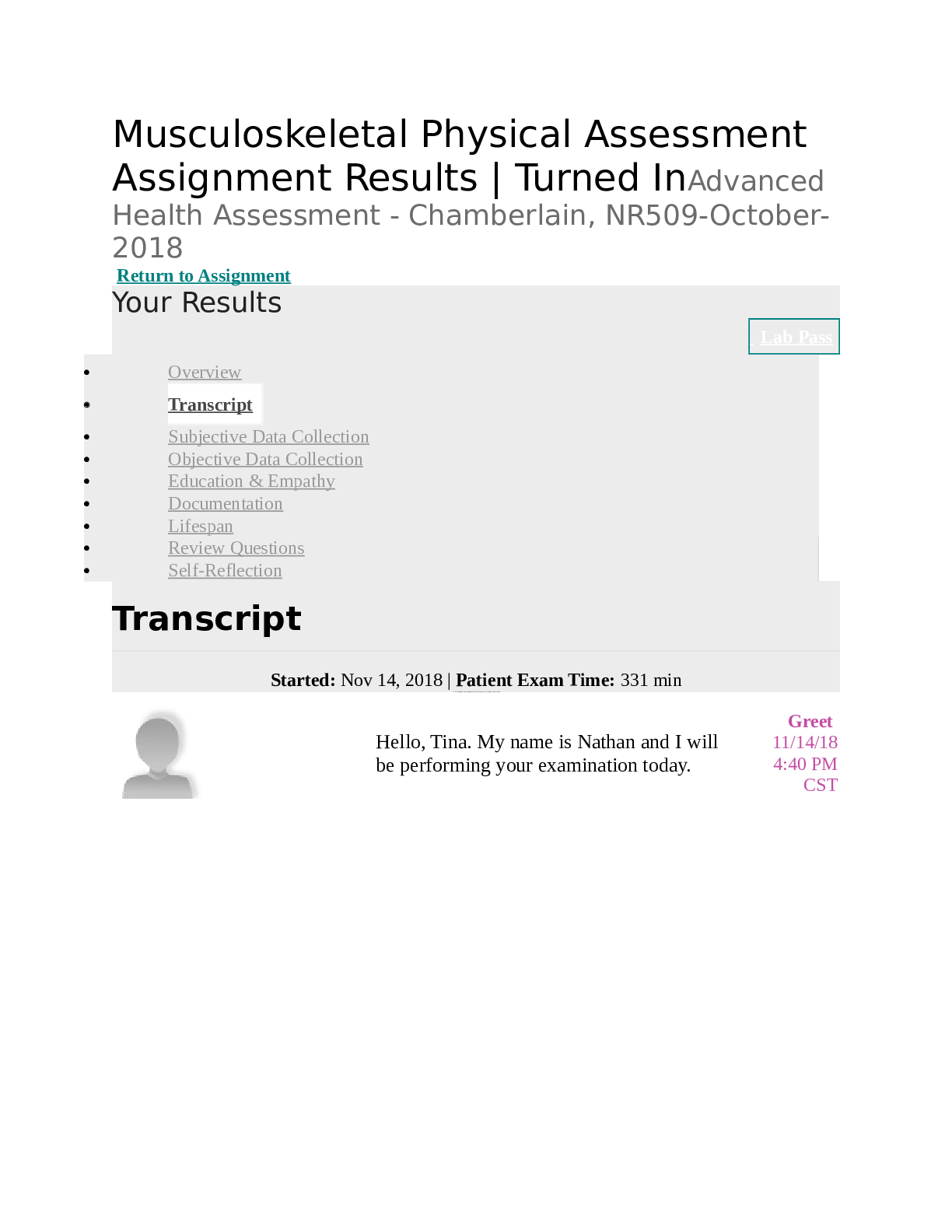 Preview image for NR 509 ,Shadow Health - Musculoskeletal Physical Assessment Assignment - Transcript