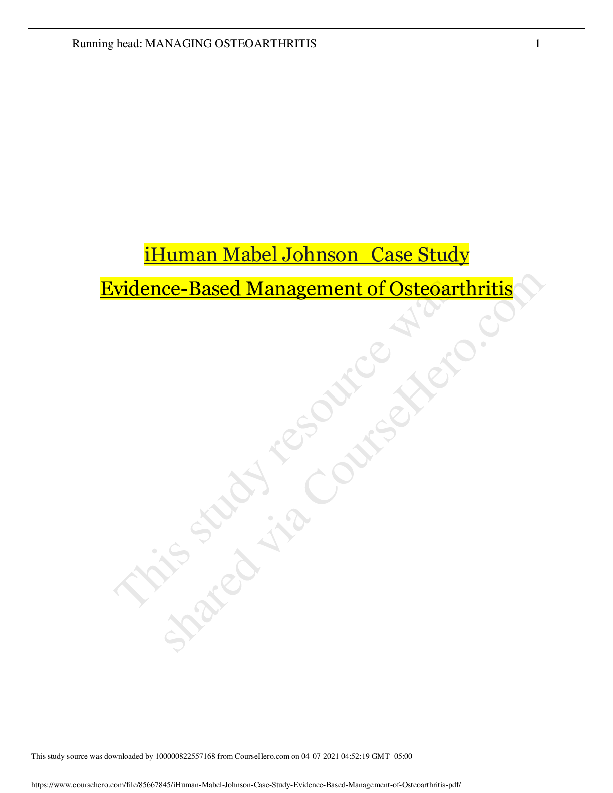 Preview of iHuman Mabel Johnson_Case Study Evidence-Based Management of Osteoarthritis