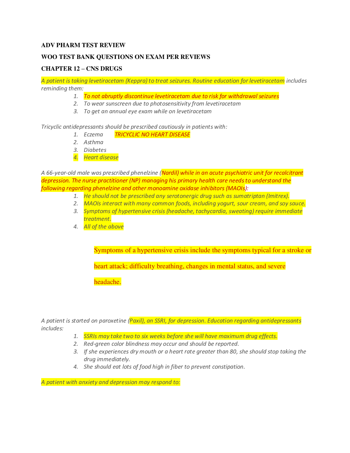 Preview of NUR 615 ADVANCED PHARM TEST BANK FOR EXAM 2 REVIEW QUESTIONS. Rated Best & Frequently test
