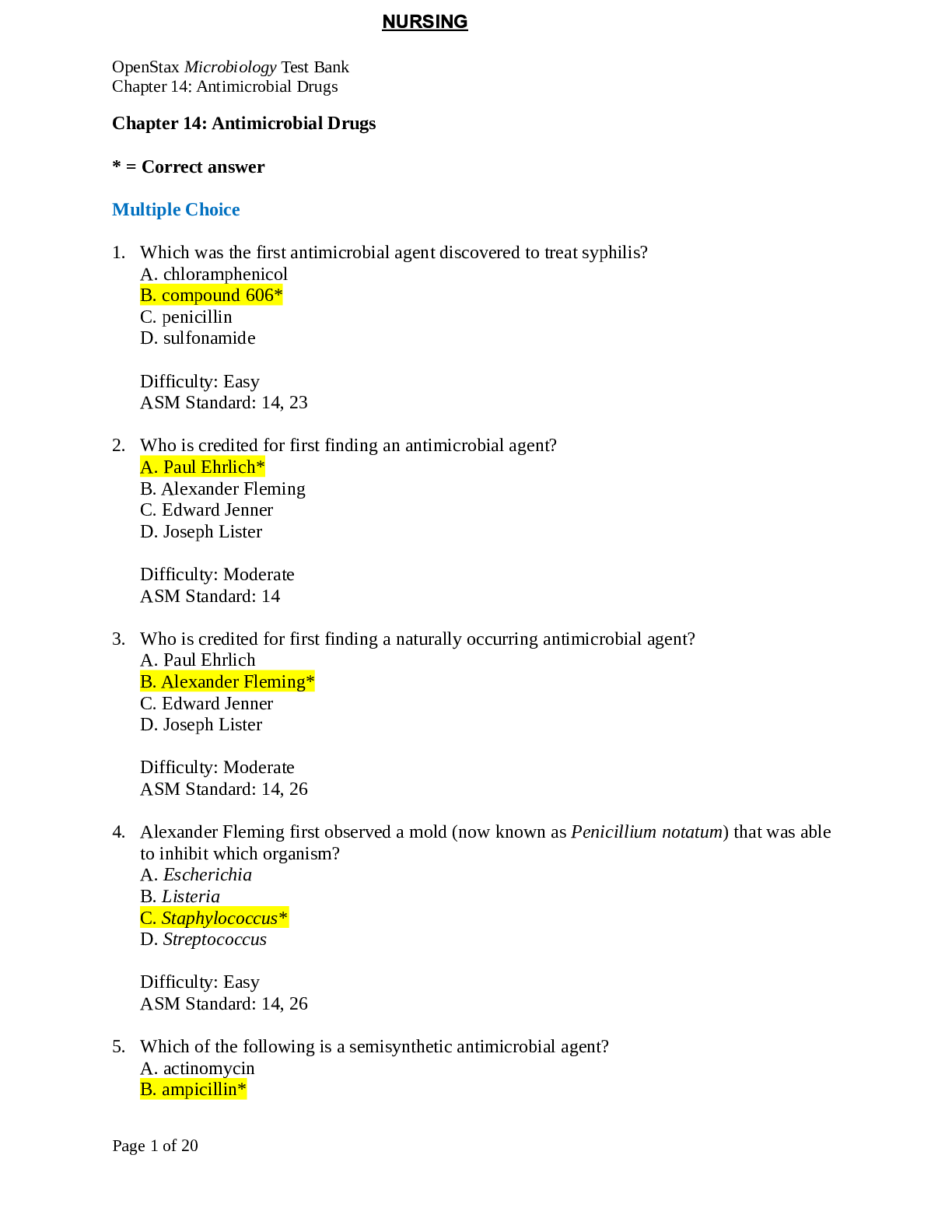 Preview of BIOLOGY 206 OpenStax Microbiology Test Bank- Chapter 14: Antimicrobial Drugs