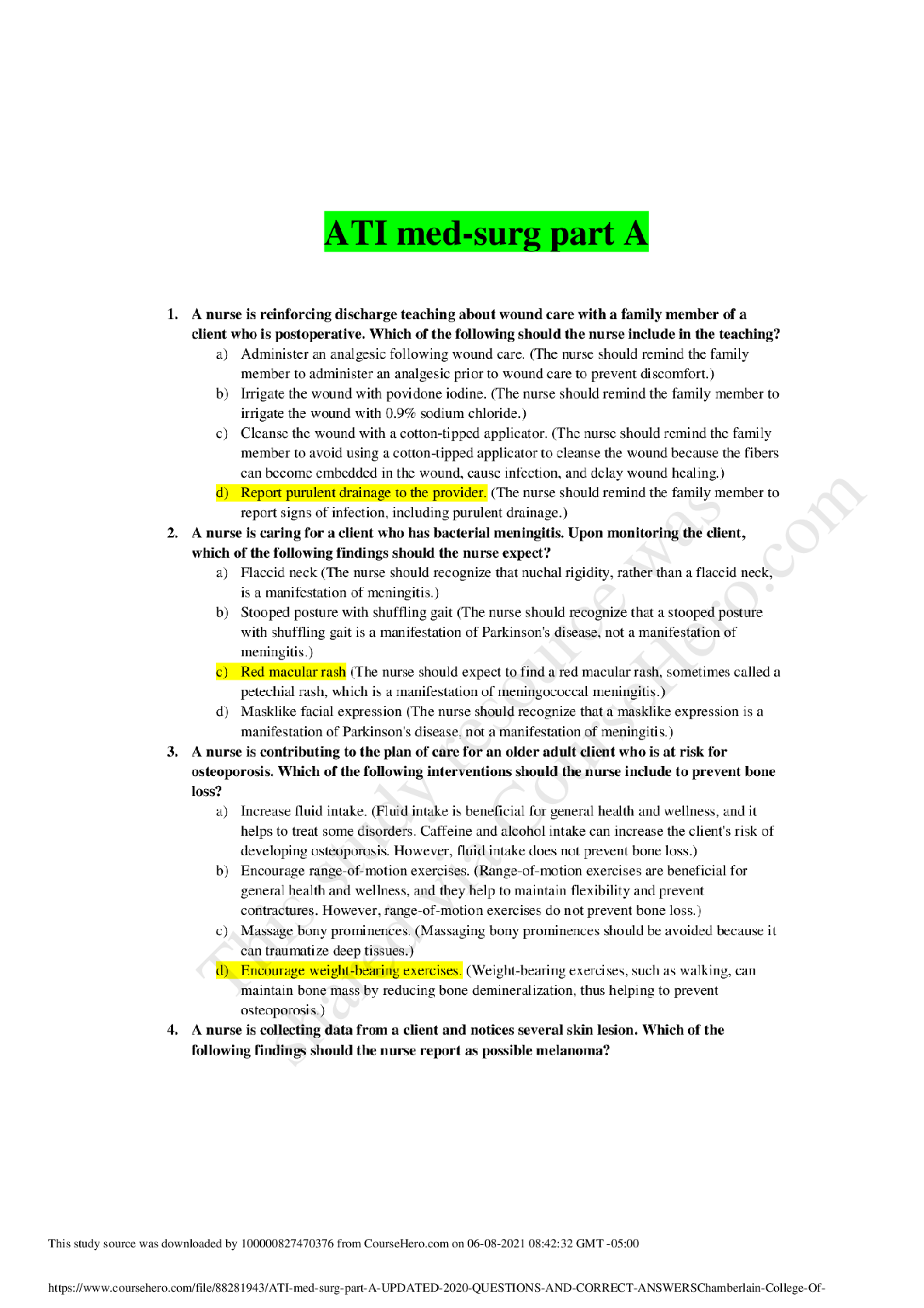 Preview of ATI med-surg part A_ UPDATED 2020 (QUESTIONS AND CORRECT ANSWERS)Chamberlain College Of Nu