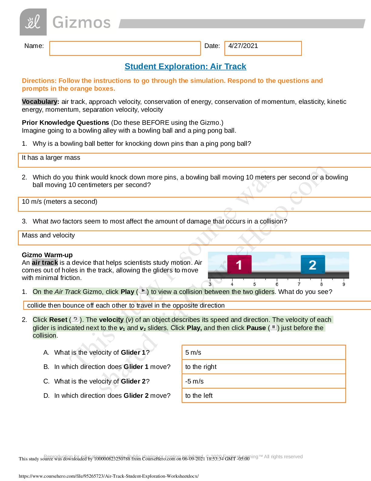 Preview of Student Exploration: Air Track  2021 new Gizmos solutions.