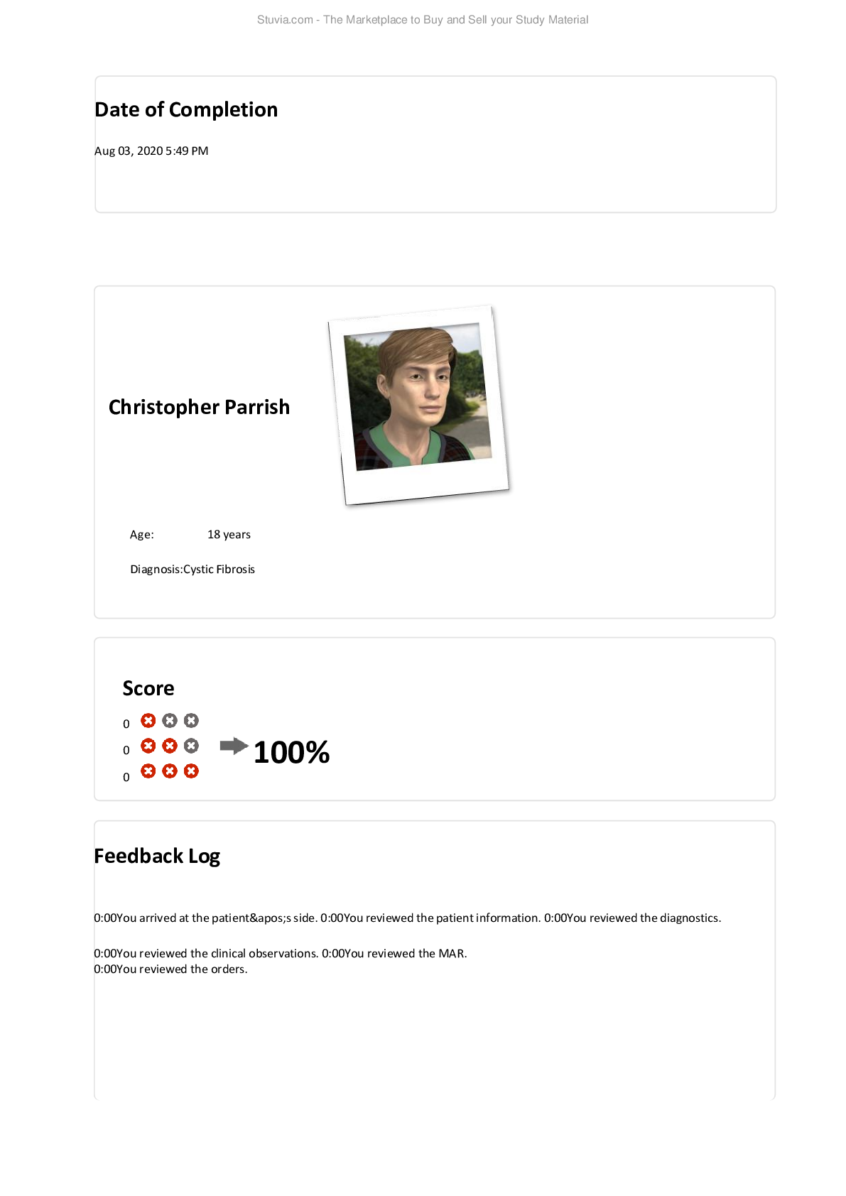 Preview of VSIM Christopher Parrish Diagnosis: Cystic Fibrosis feedback log - Scored 100% (latest 202