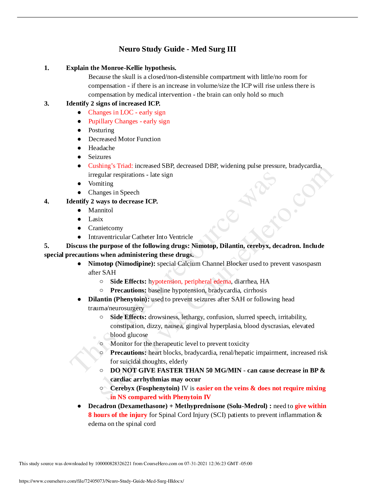 Preview of Neuro Study Guide - Med Surg III