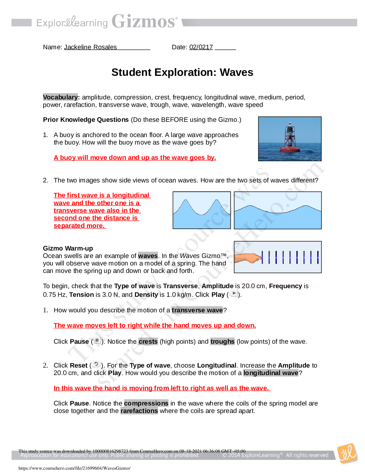 Preview of Waves Gizmo Student Exploration Waves