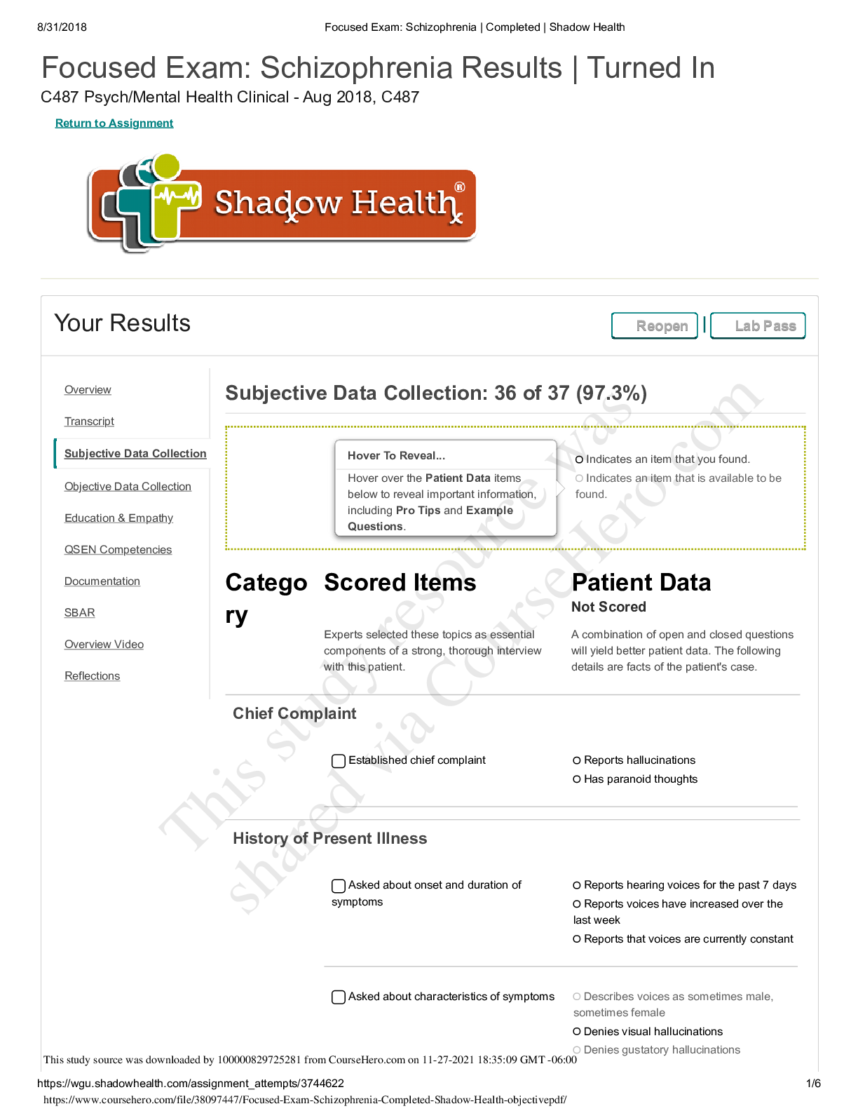 Preview of Focused Exam_ Schizophrenia _ Completed _ Shadow Health objective | Latest Version 2021/20