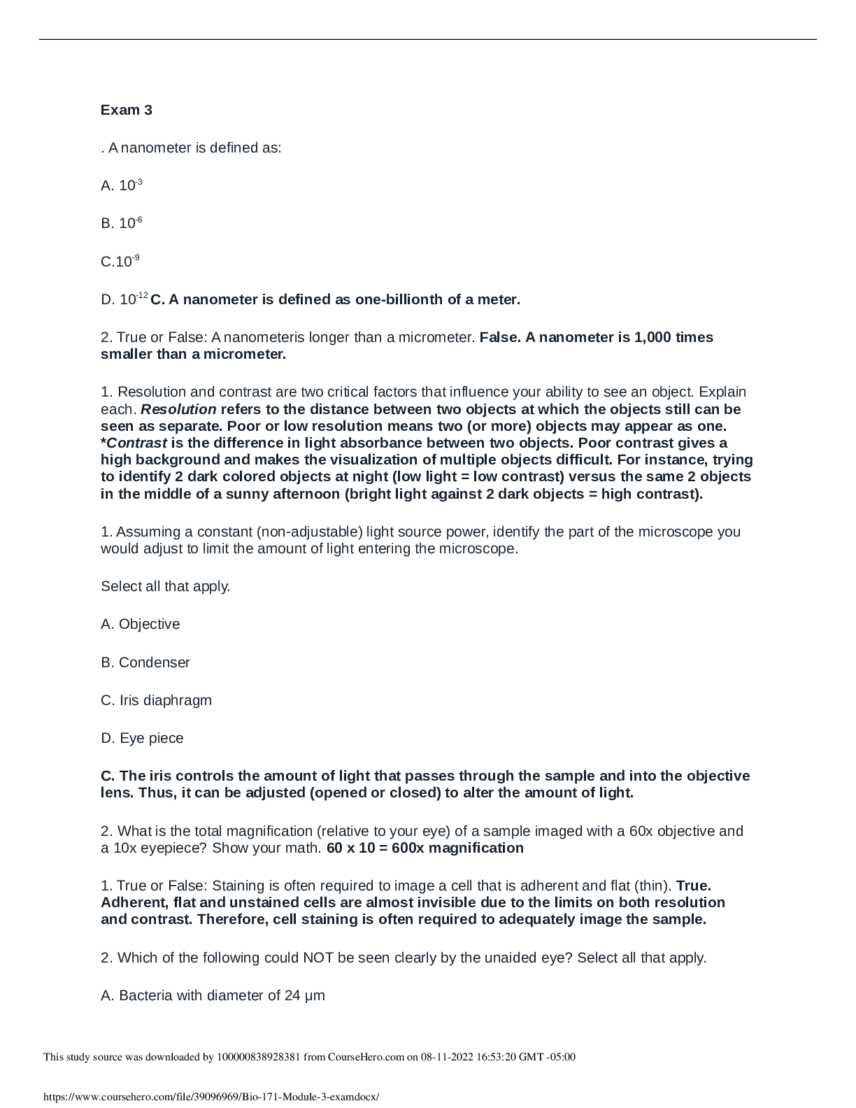 Preview of BIO 171 Module 3 Exam Questions and Answers- Portage Learning