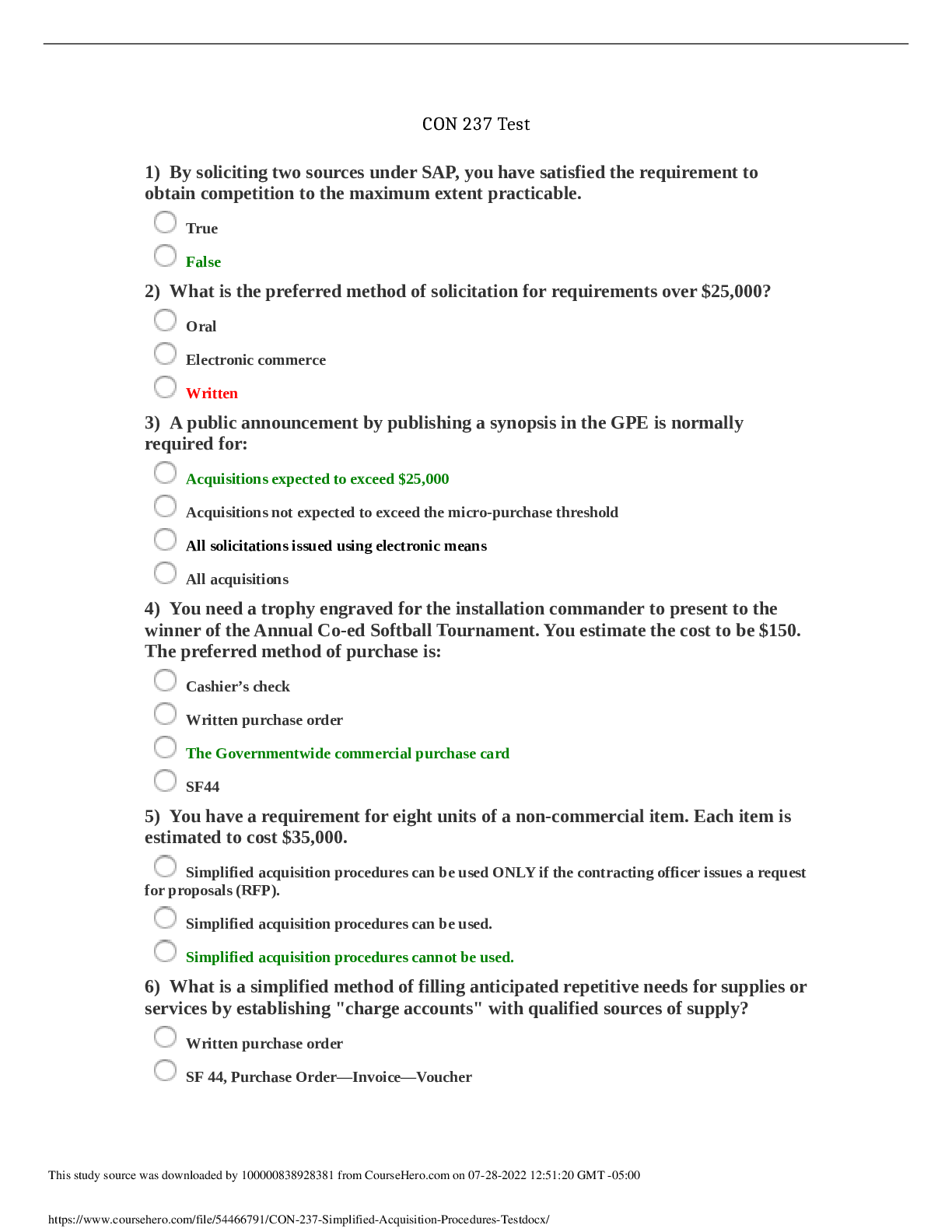 Preview of CON 237 Simplified Acquisition Procedures Test | Complete Solutions