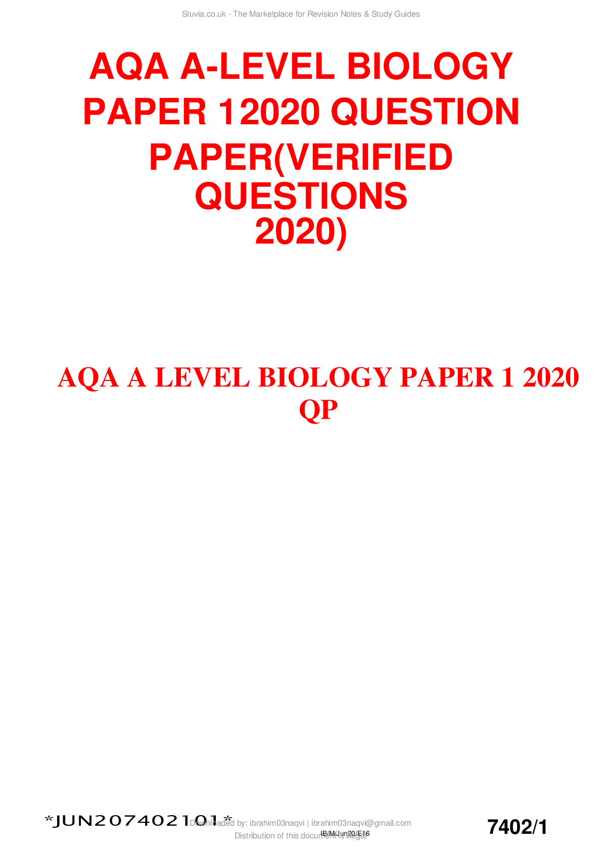 Preview of AQA A-LEVEL BIOLOGY PAPER 1 2020 QUESTION PAPER(VERIFIED QUESTIONS 2020
