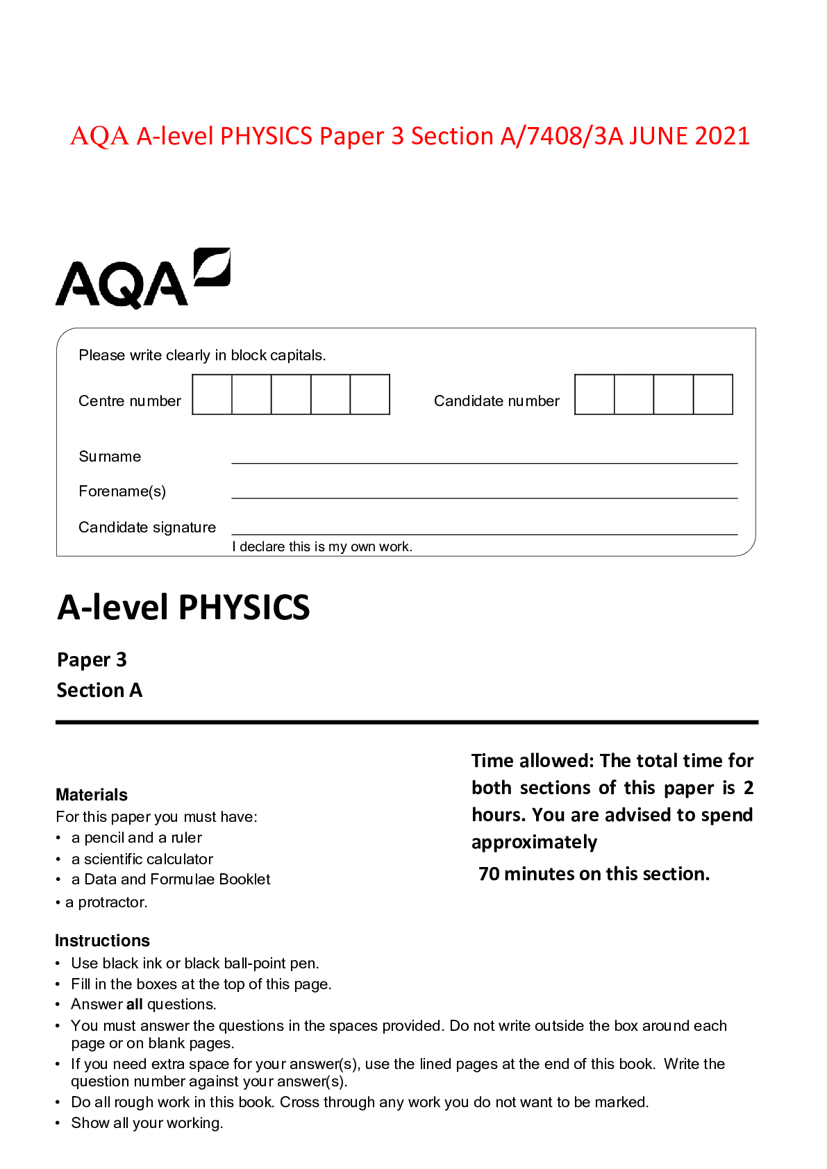 Preview of AQA A-level PHYSICS Paper 3 Section A/7408/3A JUNE 2021