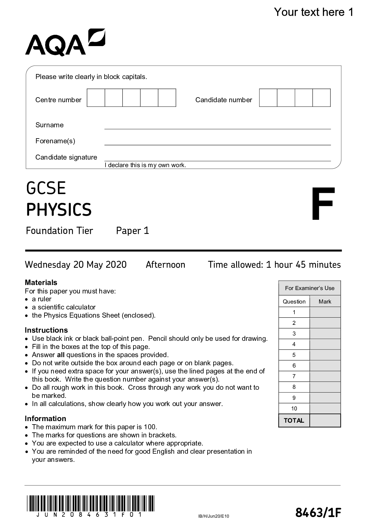 Preview image for GCSE PHYSICS Foundation Tier Paper 1 Wednesday 20 May 2020