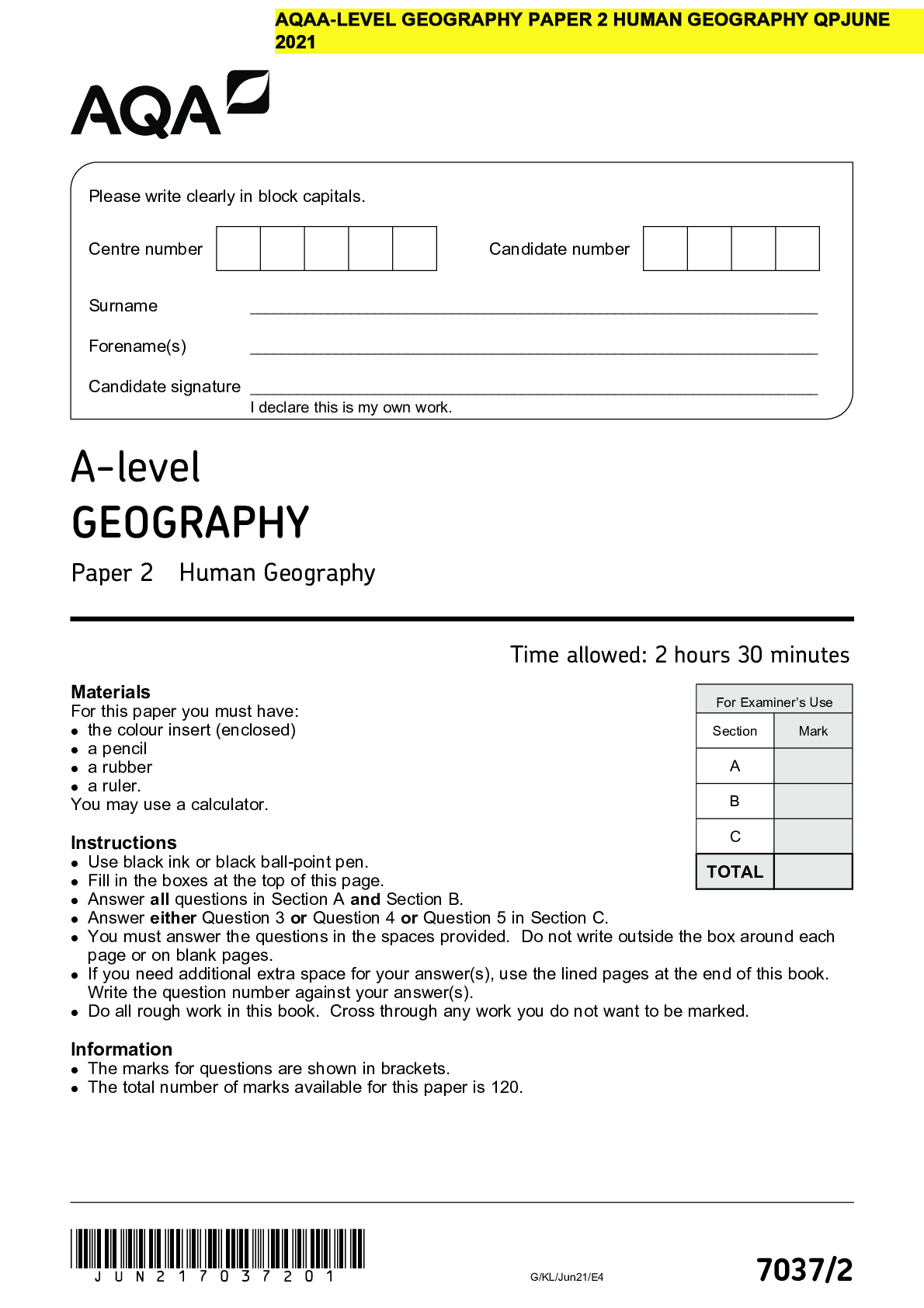 Preview of AQA A-level GEOGRAPHY Paper 2 Human Geography QP 2021