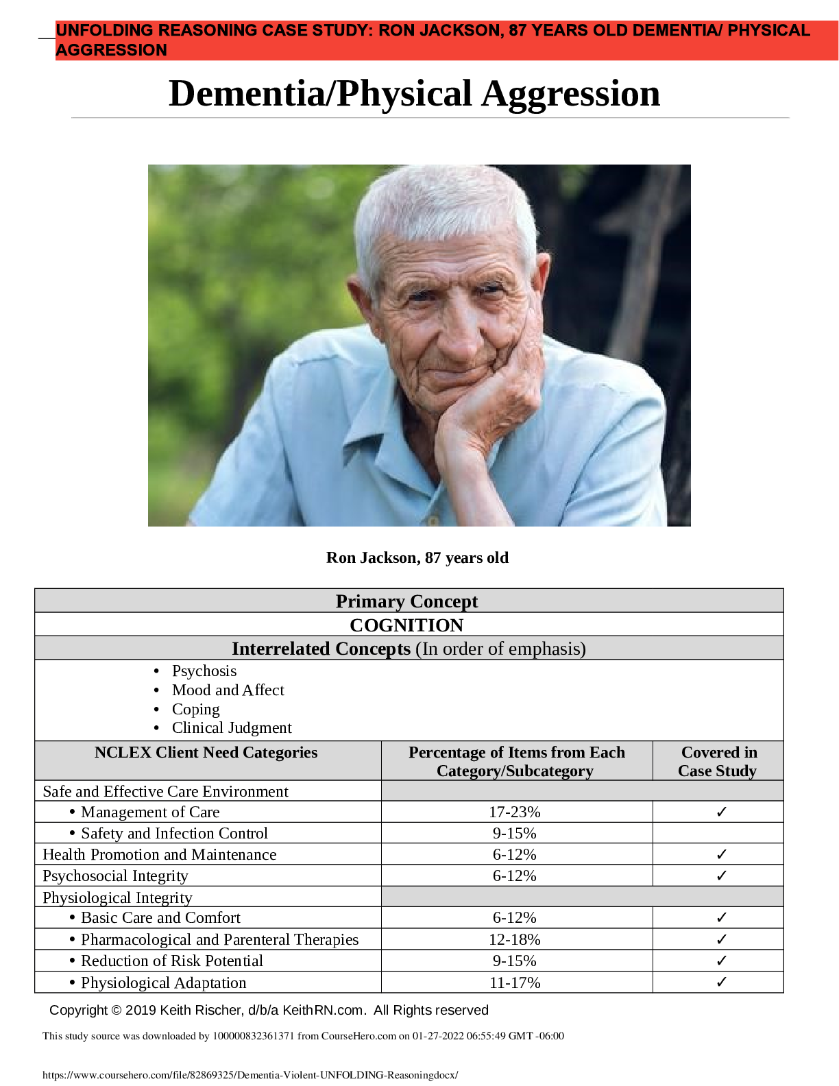 Preview of UNFOLDING REASONING CASE STUDY: RON JACKSON, 87 YEARS OLD DEMENTIA/ PHYSICAL AGGRESSION