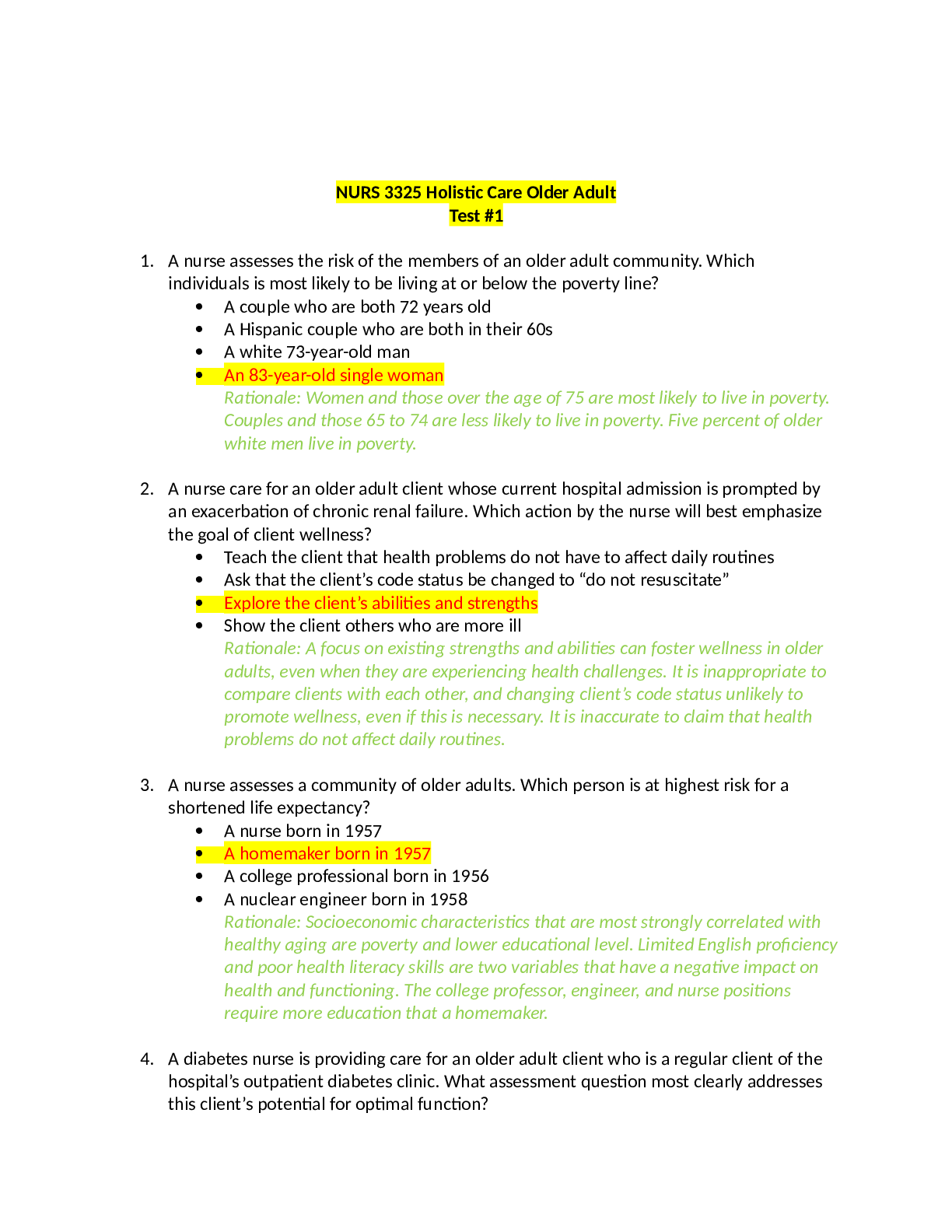 Preview of NURS 3325 Holistic Care Older Adult Test 1-5 QUESTIONS AND CORRECT ANSWERS MARKED, PASS YO