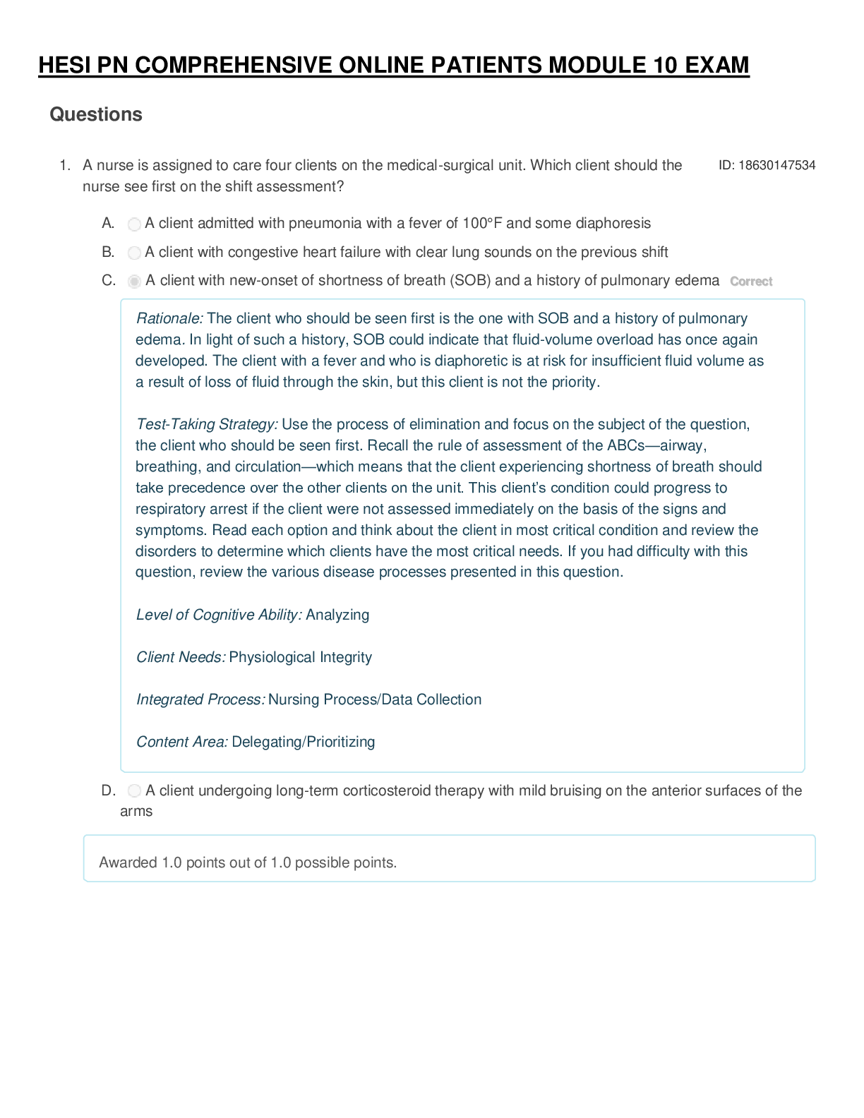 Preview of HESI PN COMPREHENSIVE ONLINE PATIENTS MODULE 10 EXAM REVIEW,WALLACE COLLEGE