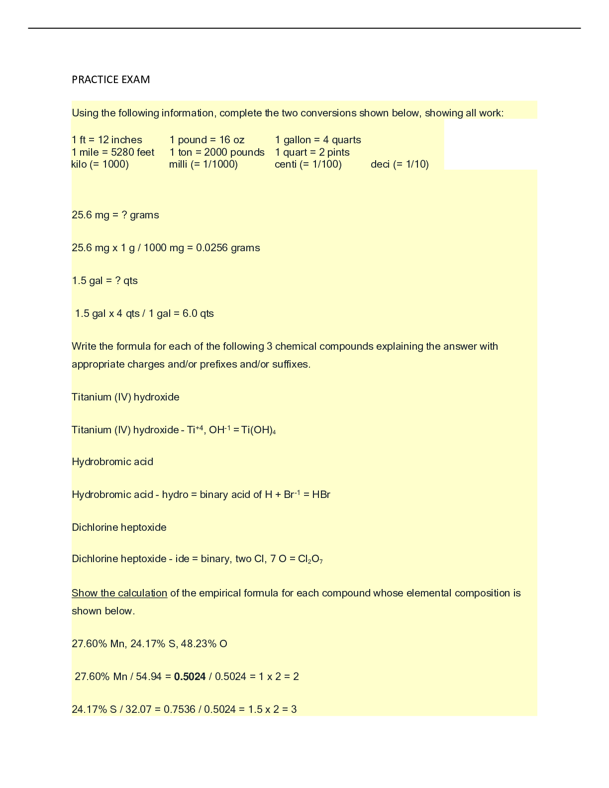 Preview of CHEM 108 PRACTICE FINAL EXAM ANSWERS- PORTAGE LEARNING