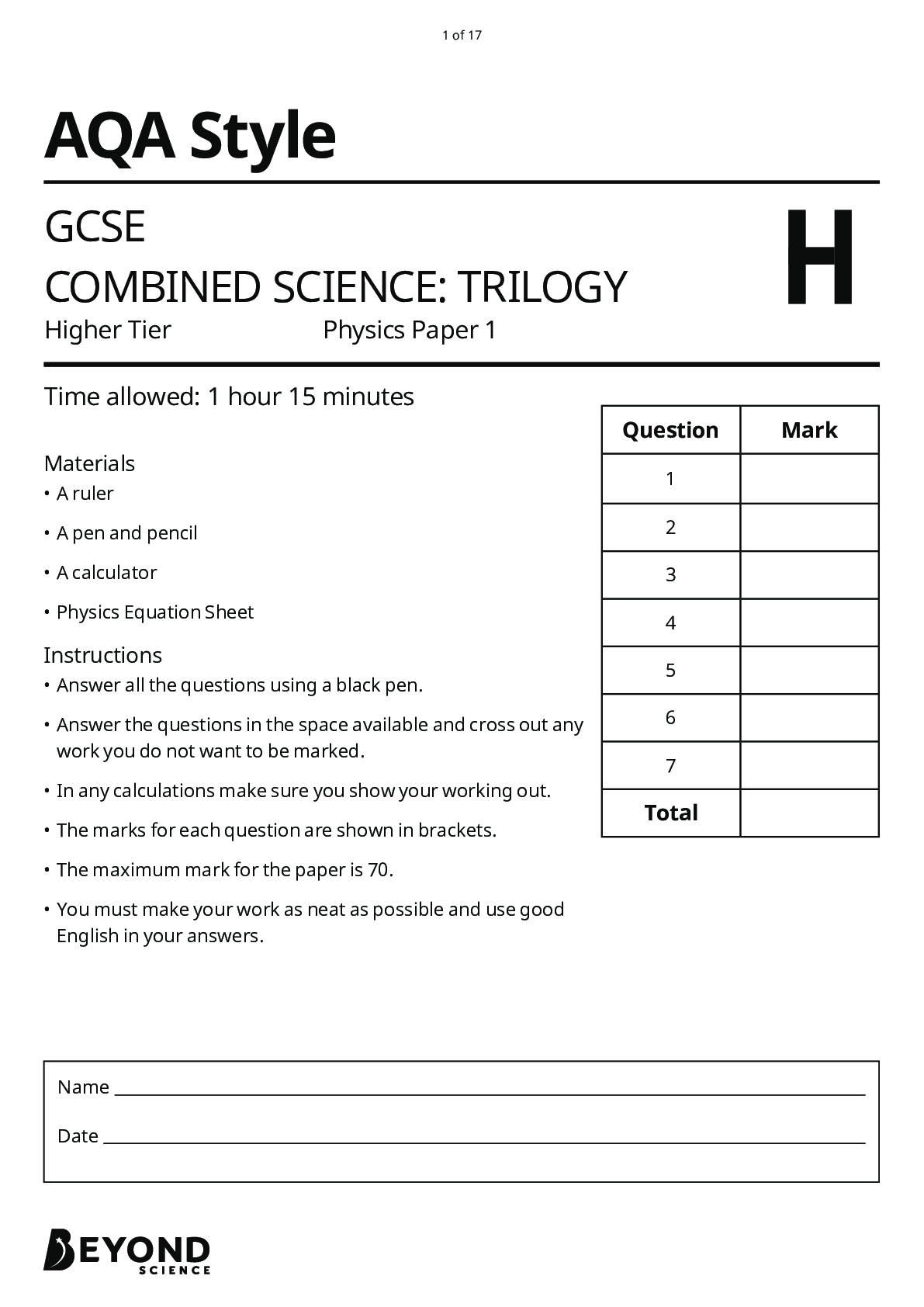 Preview of AQA GCSE COMBINED SCIENCE: TRILOGY Higher Tier Physics Paper 1 2021