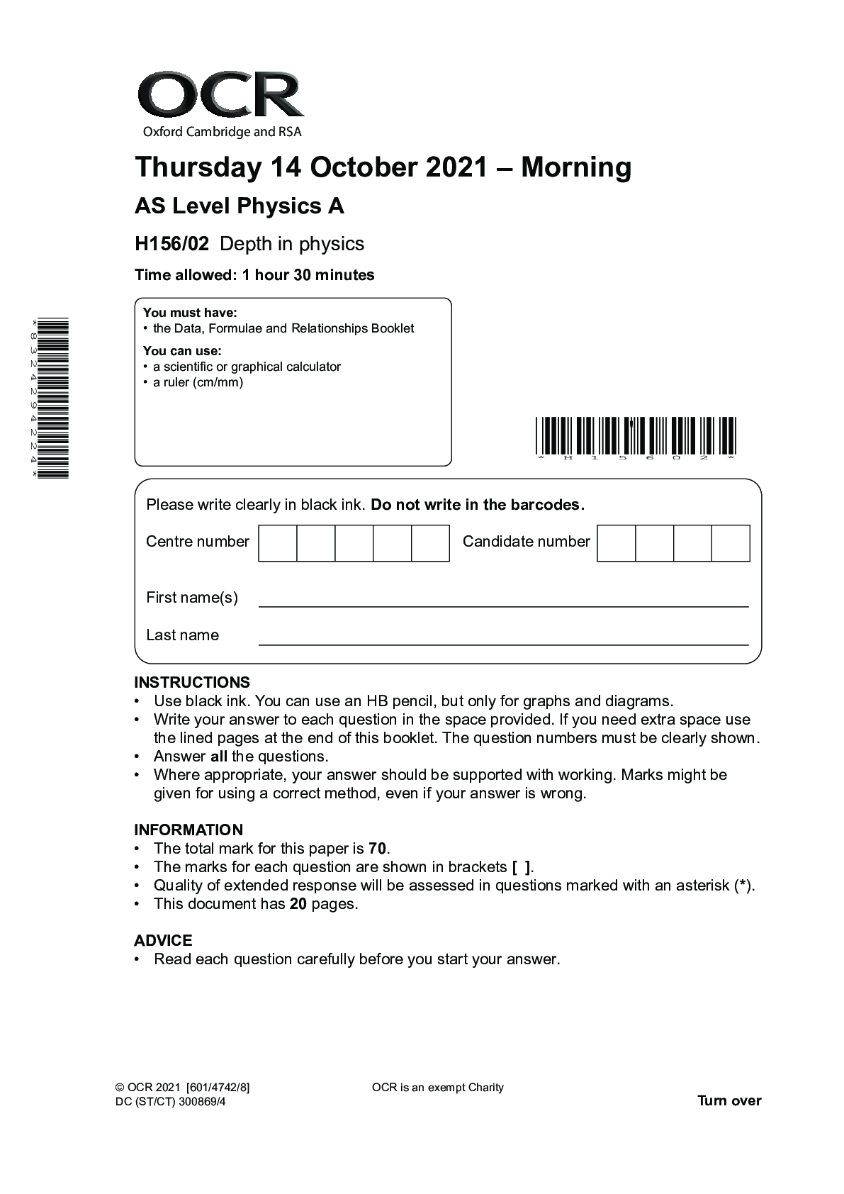 Preview of >_AS Level Physics A_H156/02 Question Paper Oct 2021| Depth in Physics