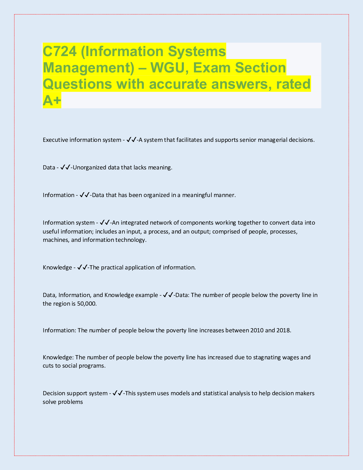 Preview of C724 (Information Systems Management) - WGU QUESTIONS AND ANSWERS( COMPLETE SOLUTION RATED