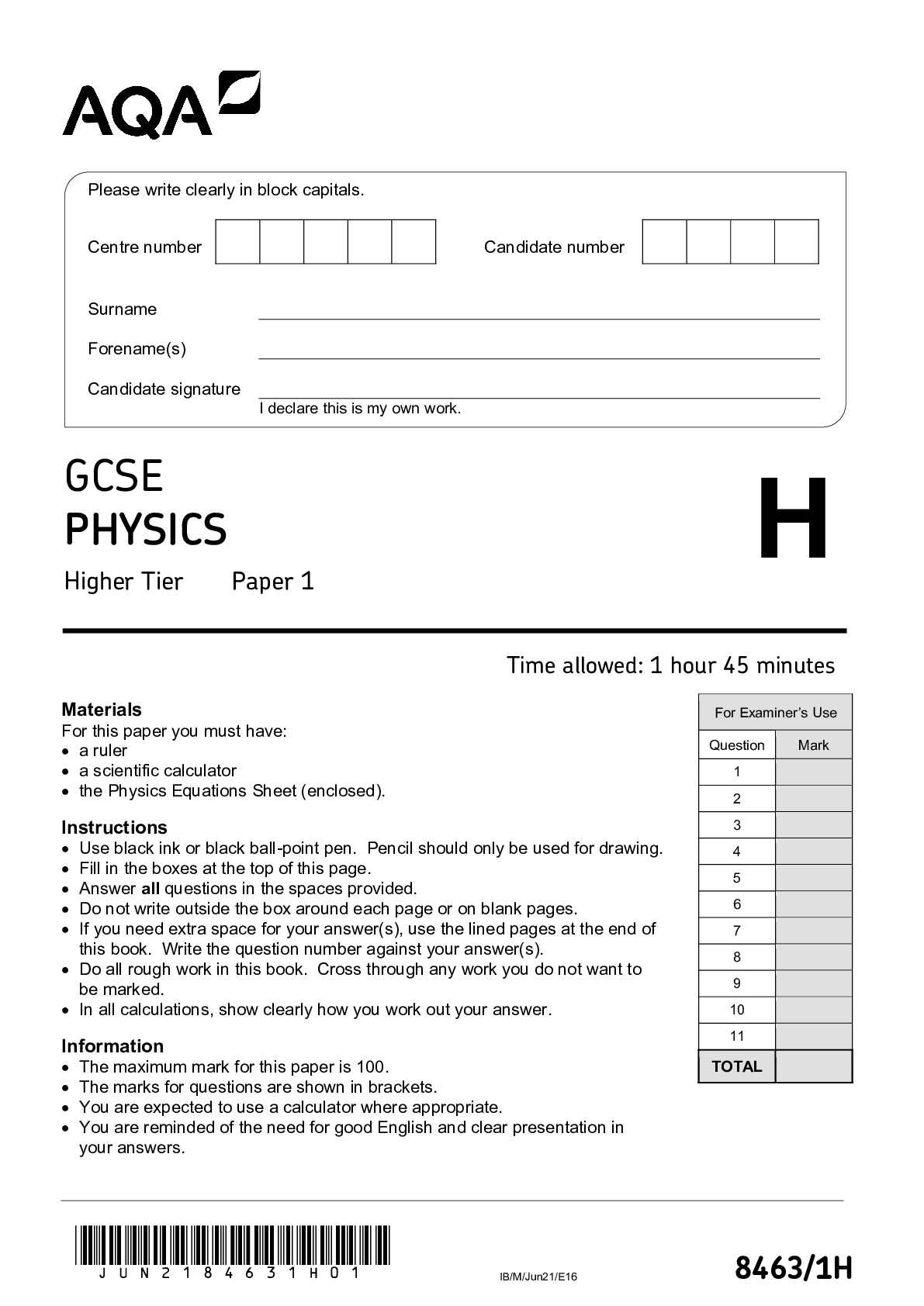 Preview image for AQA GCSE PHYSICS 8463/1H Higher Tier Paper 1 QP 2021