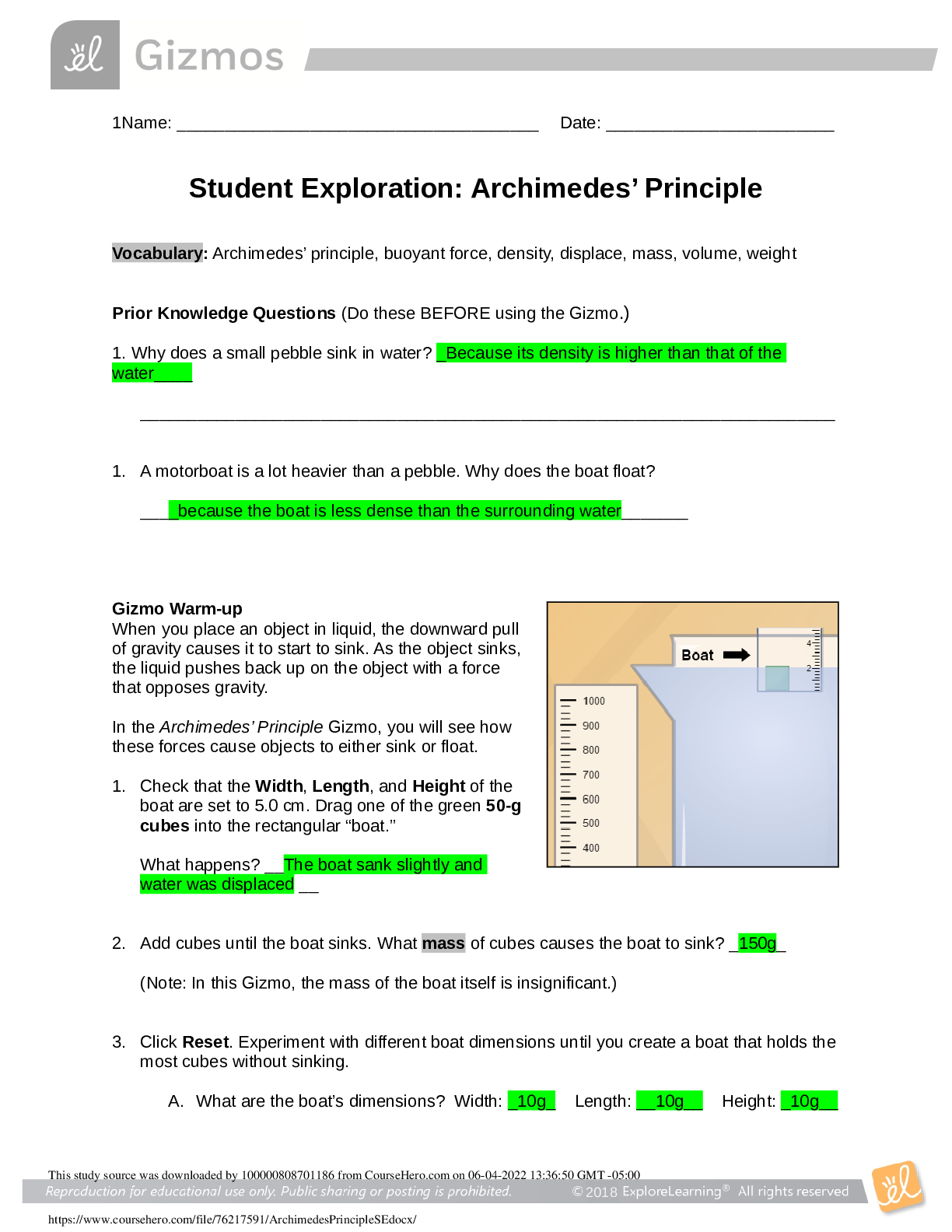 Preview of GIZMOs - Archimedes Principle (SE) 100% correct answer key