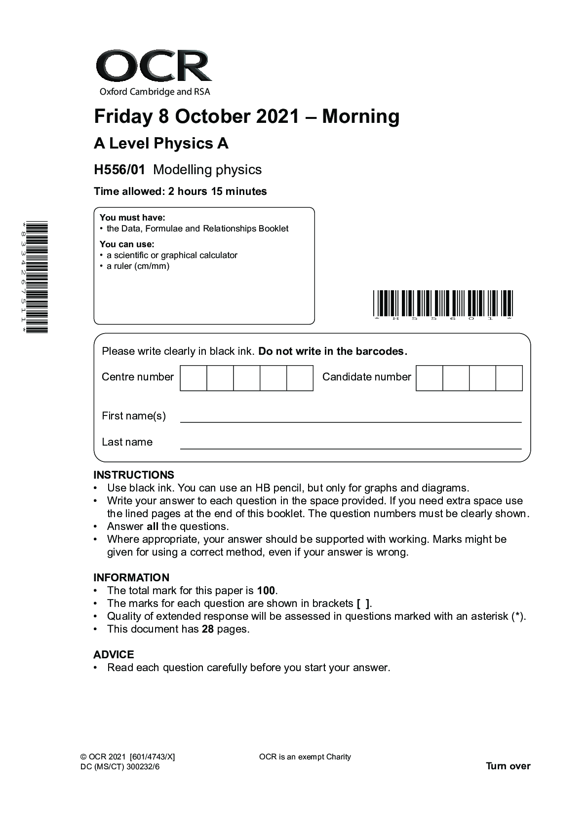 Preview of > Friday 8 October 2021 – Morning A Level Physics A H556/01 Modelling physics  QP