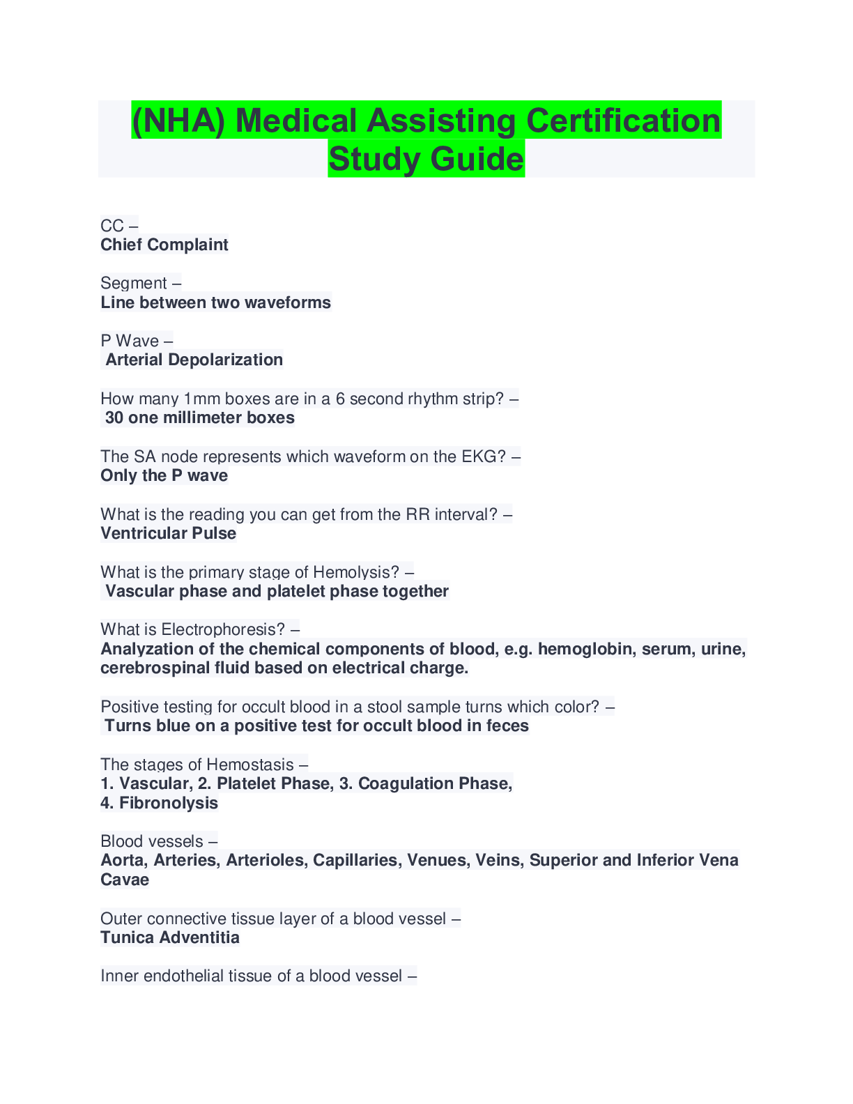 Preview of (NHA) Medical Assisting Certification Study Guide Questions And Answers( With Complete Sol
