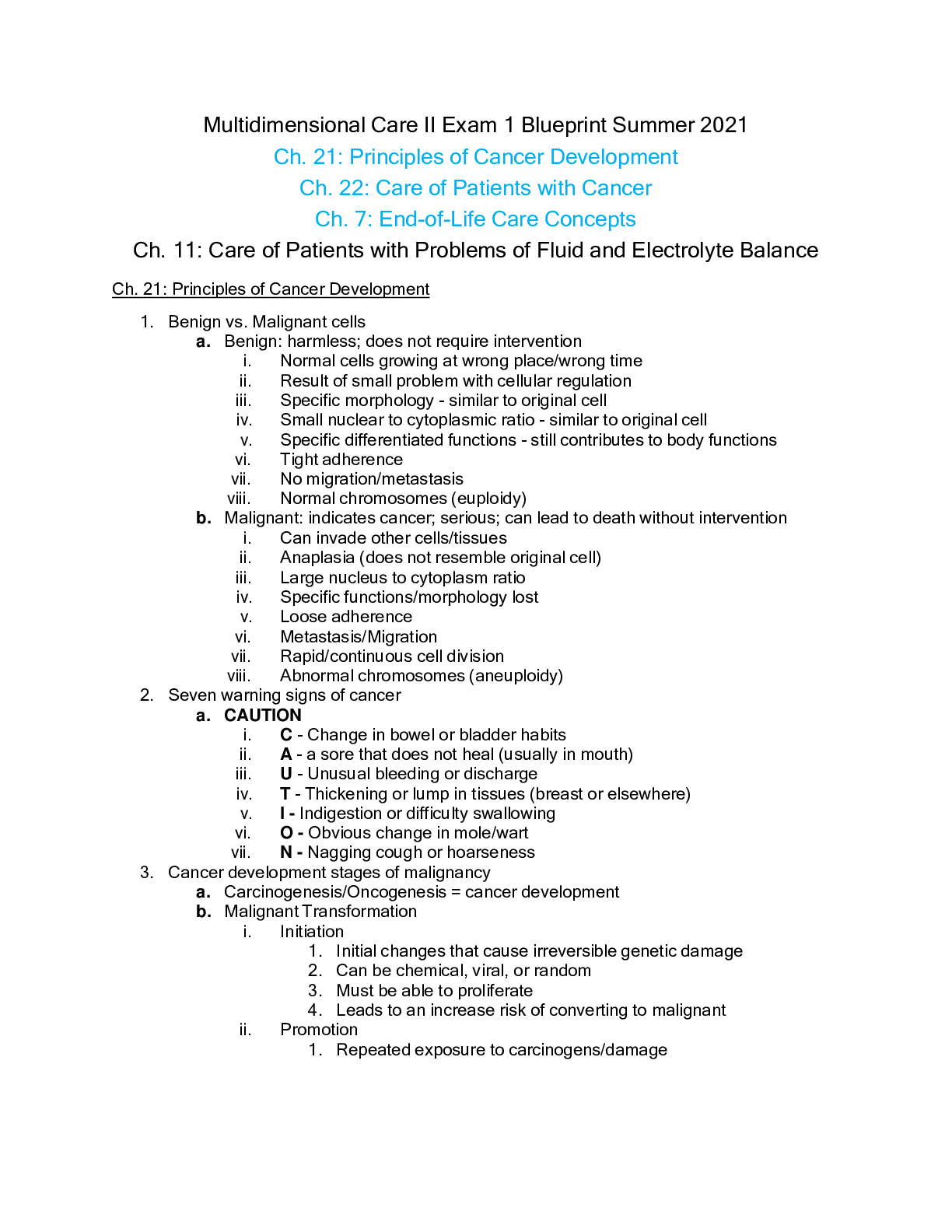 Preview image for Multidimensional Care II Exam 1 Blueprint Summer 2021 Ch. 21: Principles of Cancer Development Ch. 22: Care of Patients with Cancer Ch. 7: End-of-Life Care Concepts