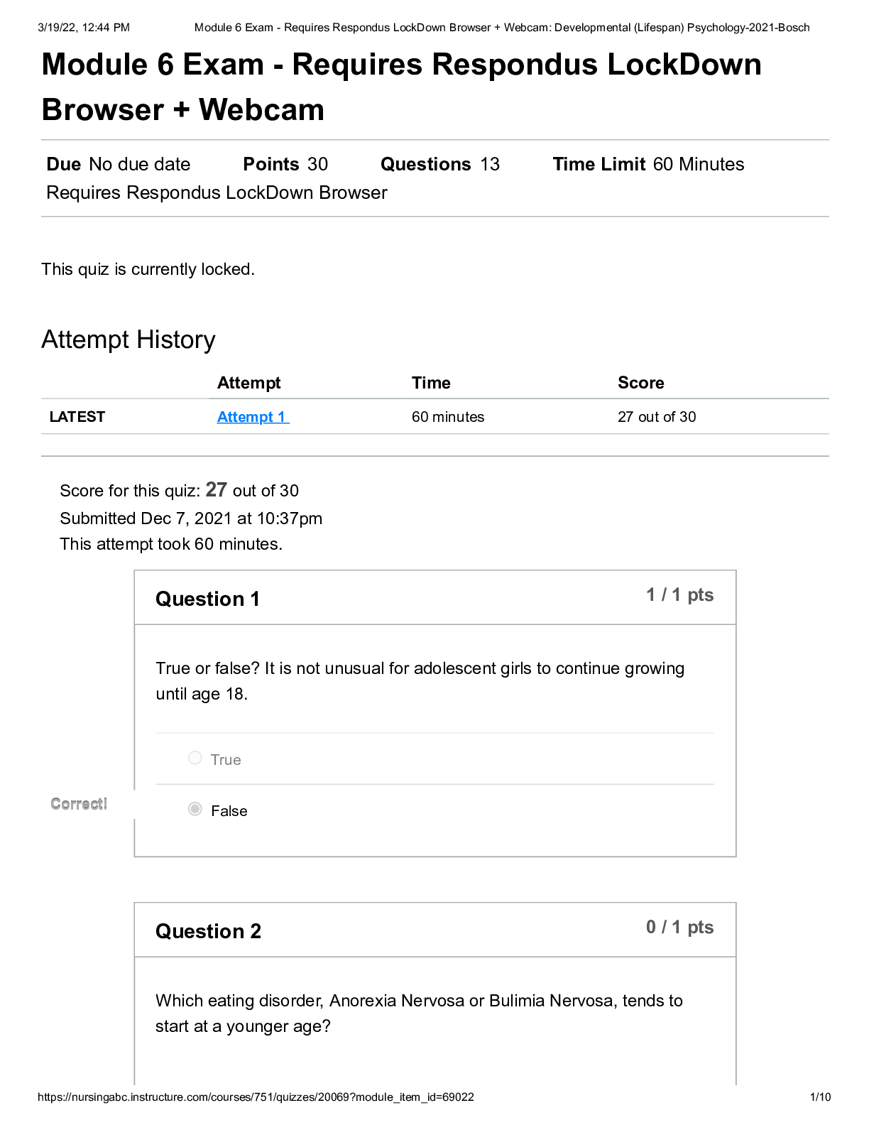 Preview of Portage Learning - PSYC 140 Module 6 Exam - Requires Respondus LockDownBrowser + Webcam
