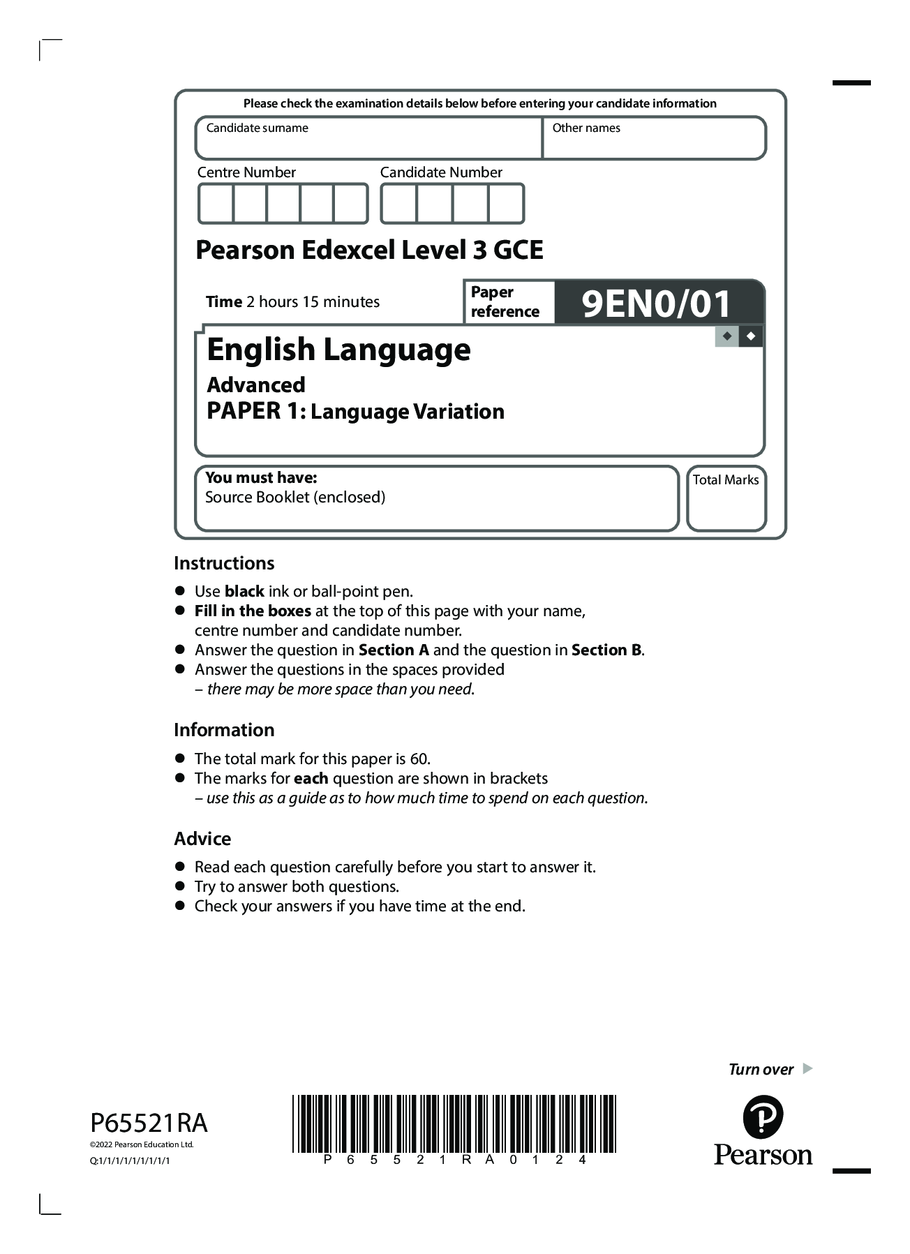 Preview image for Pearson Edexcel A Level 3 GCE 9EN0/01 English Language Advanced PAPER 1: Language Variation QP June 2022