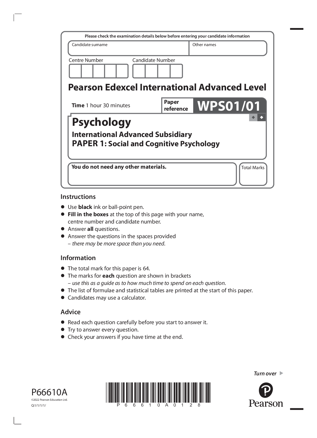 Preview image for Pearson Edexcel IAL WPS01/01 IAS Level Psychology International Advanced Subsidiary PAPER 1: Social and Cognitive Psychology. QP Jan 2022