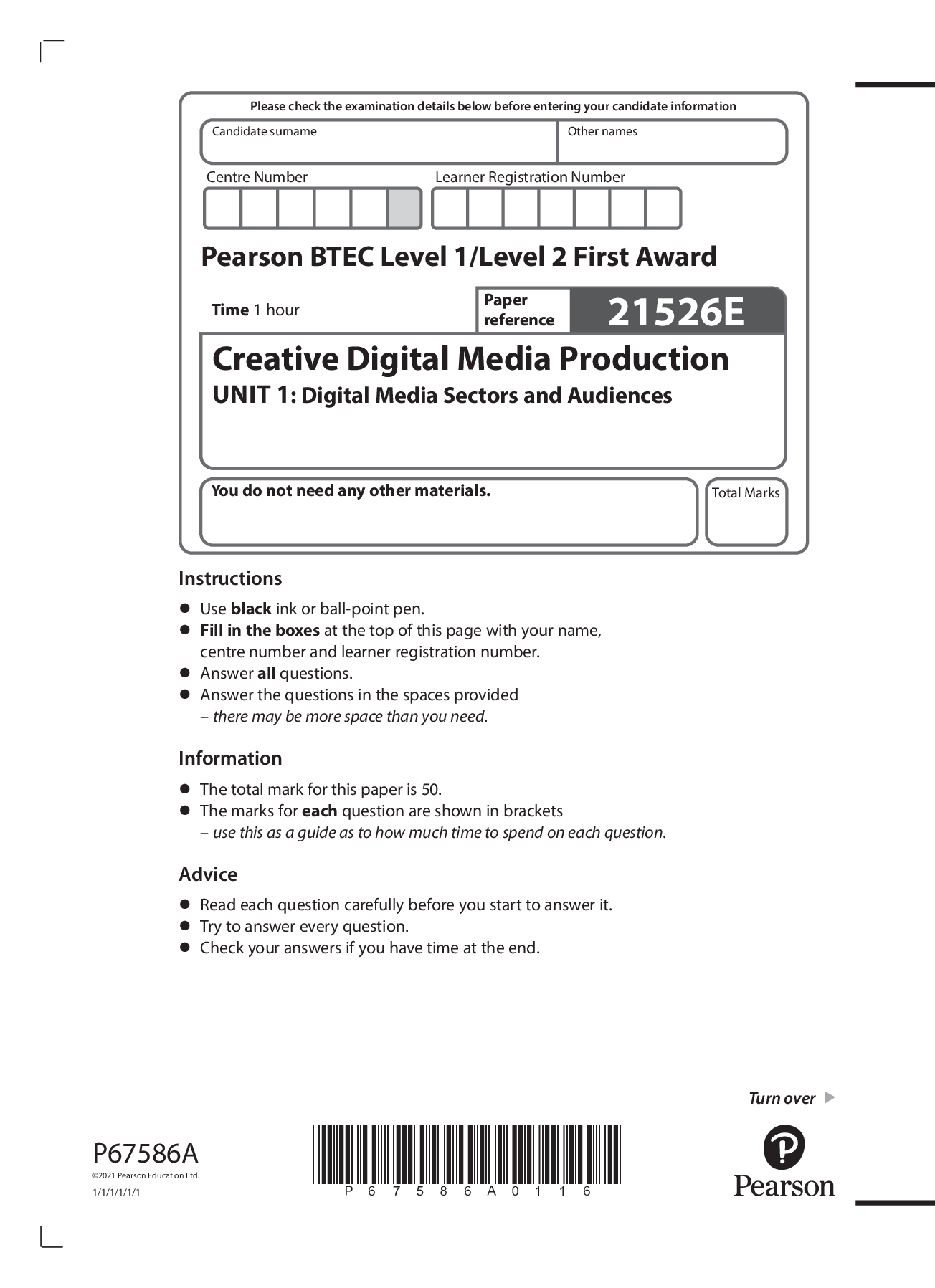 Preview image for Pearson BTEC Level 1/Level 2 First Award Creative Digital Media Production UNIT 1: Digital Media Sectors and Audiences QUESTION PAPER 2022
